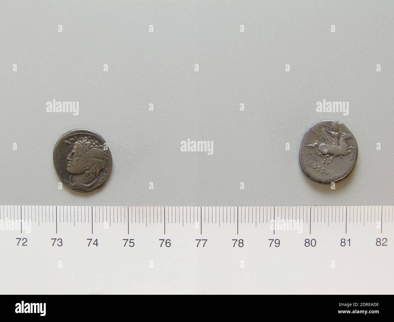 Mint: Rome, Magistrate: L. Cossutius C.f. Sabula, Denarius from Rome, 74 B.C., Silver, 3.83 g, 8:00, 17.2 mm, Made in Rome, Italy, Roman, 1st century B.C., Numismatics Stock Photo