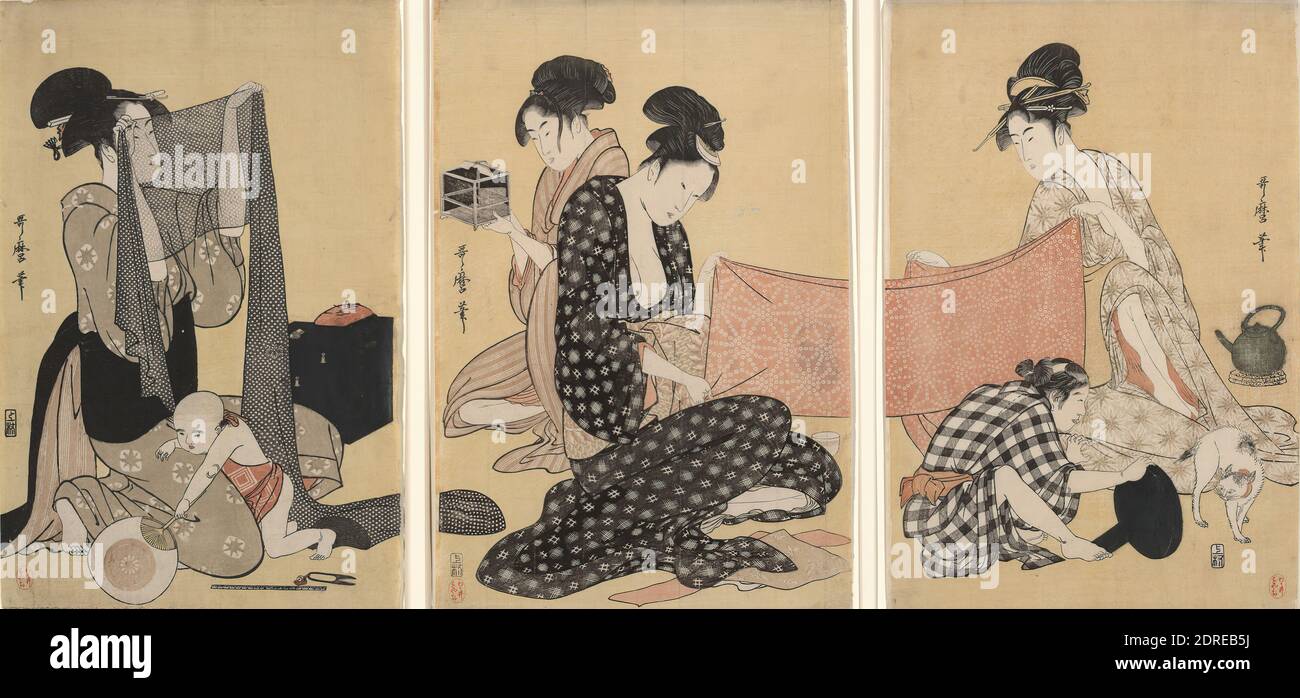 Artist: Kitagawa Utamaro, Japanese, 1753–1806, Needlework, 18th century, Ukiyo-e triptych: polychrome woodblock prints, sheet (Each): 14 7/8 × 9 3/4 in.(37.8 × 24.8 cm), Japan, Japanese, Edo period (1615–1868), Works on Paper - Prints Stock Photo