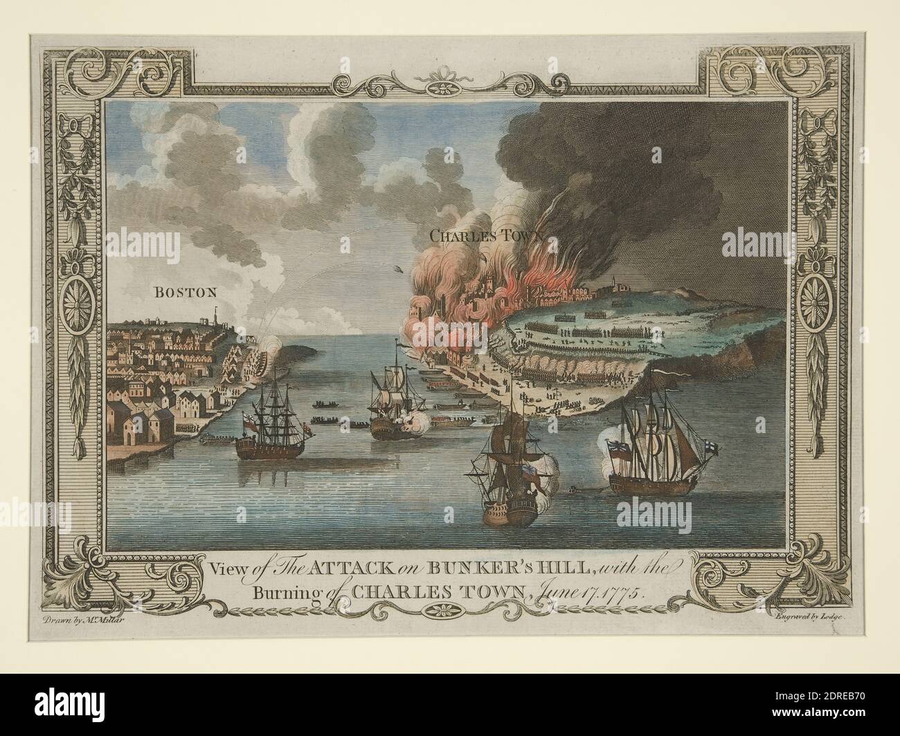 Engraver: John Lodge, British, active 1774–96, After: George Henry Millar, British, late 18th century, View of the attack on Bunker’s Hill, with the Burning of Charlestown, June 17, 1775, ca. 1783, Engraving by Lodge, Sheet: 22.8 × 31.5 cm (9 × 12 3/8 in.), Made in United States, Depicted Charlestown, Massachusetts, Depicted Boston, Massachusetts, American, 18th–19th century, Works on Paper - Prints Stock Photo