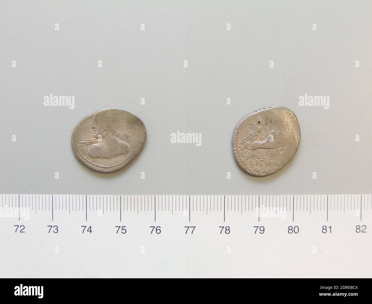 Mint: Rome, Magistrate: C. Licinius L. f. Macer, Denarius from Rome, ca. 84 B.C., Silver, 3.9 g, 8:00, 18.5 mm, Made in Rome, Italy, Roman, 1st century B.C., Numismatics Stock Photo