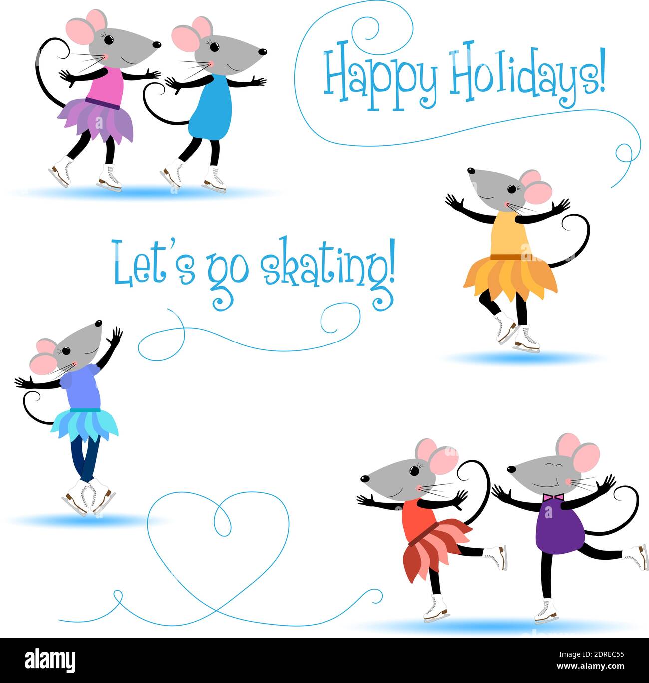 Ice skating. Cartoon mice. Winter holiday. Card with cute little mice in skates. Vector illustration for Christmas posters, cards, gift tags Stock Vector