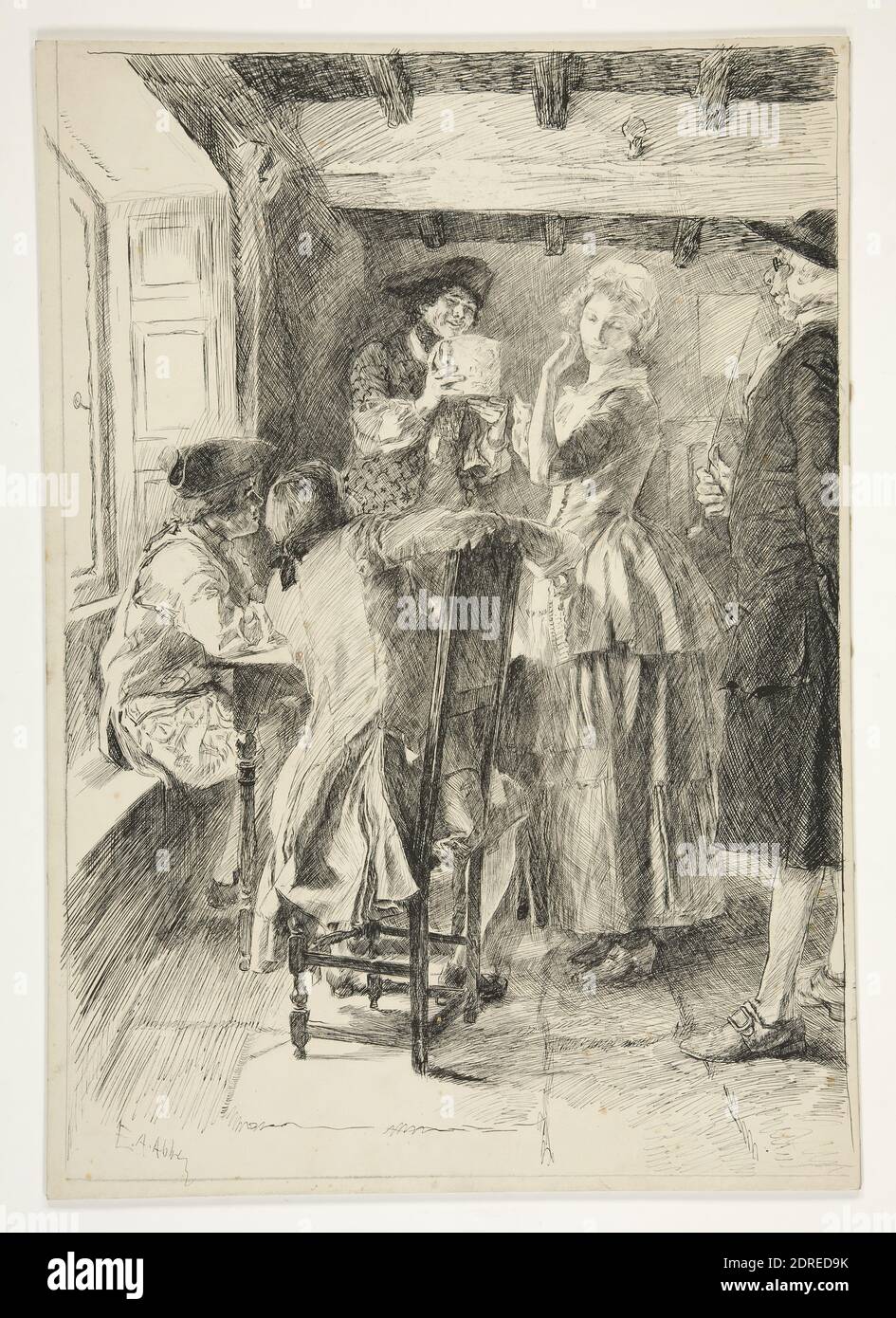 Artist: Edwin Austin Abbey, American, 1852–1911, M.A., 1897, Nor the coy maid shall kiss the cup…, illustration to Oliver Goldsmith’s The Deserted Village, 19th century, Pen and ink on illustration board, Sheet: 52.07 × 37.465 cm (20 1/2 × 14 3/4in.), Made in United States, American, 19th century, Works on Paper - Drawings and Watercolors Stock Photo