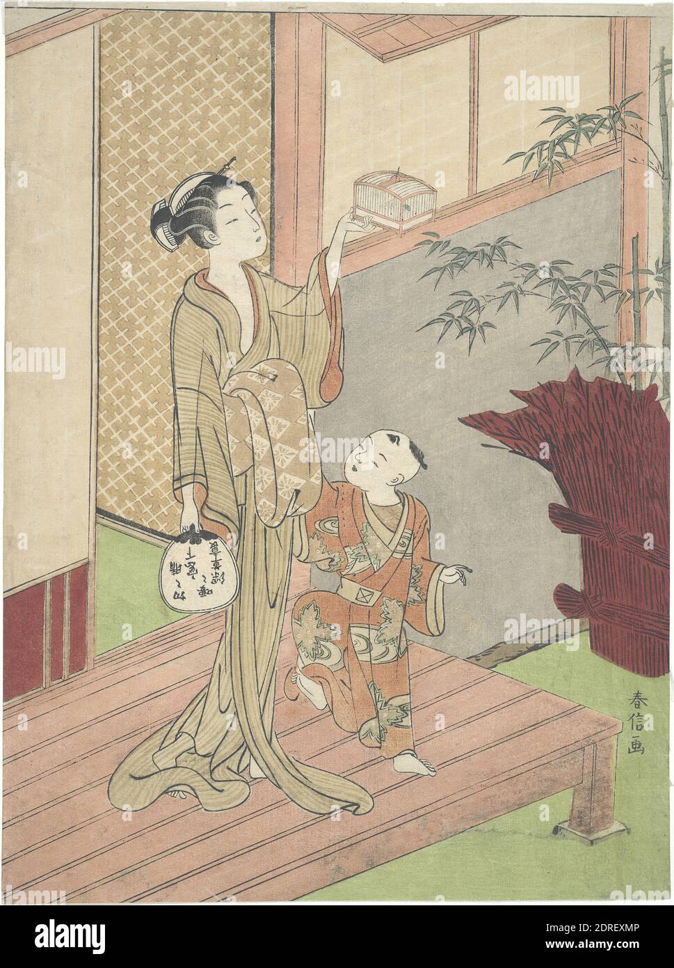 Artist: Suzuki Harunobu, Japanese, 1725–1770, The Caged Locusts, ca. 1767, Polychrome woodblock print, sheet: 11 × 8 1/8 in. (27.9 × 20.6 cm), Japan, Japanese, Edo period (1615–1868), Works on Paper - Prints Stock Photo