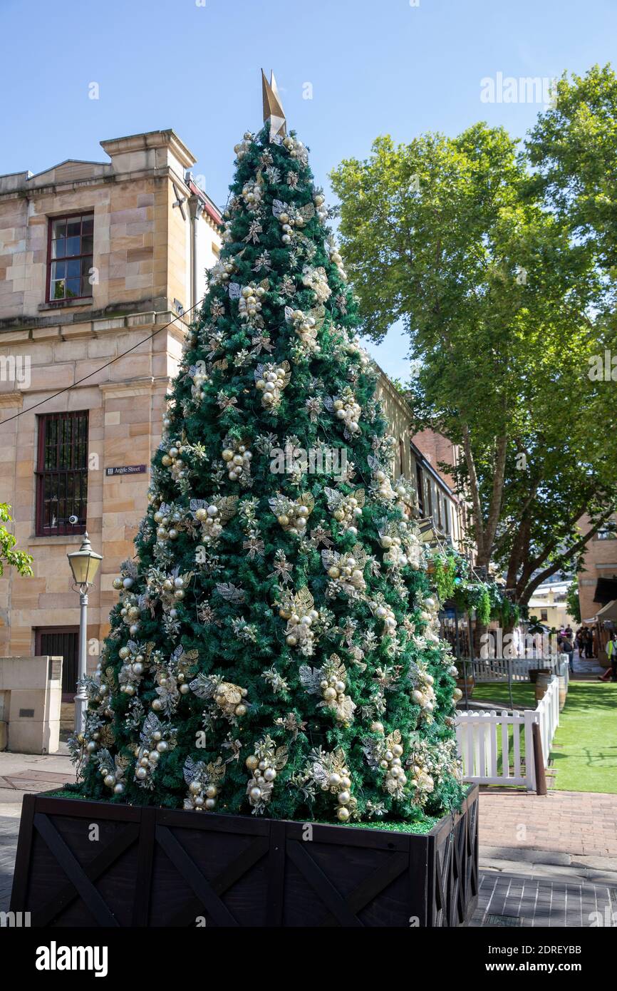 The Rocks in Sydney city centre, traditional Christmas markets with stalls, xmas decorations and Christmas tree,Sydney,Australia Stock Photo
