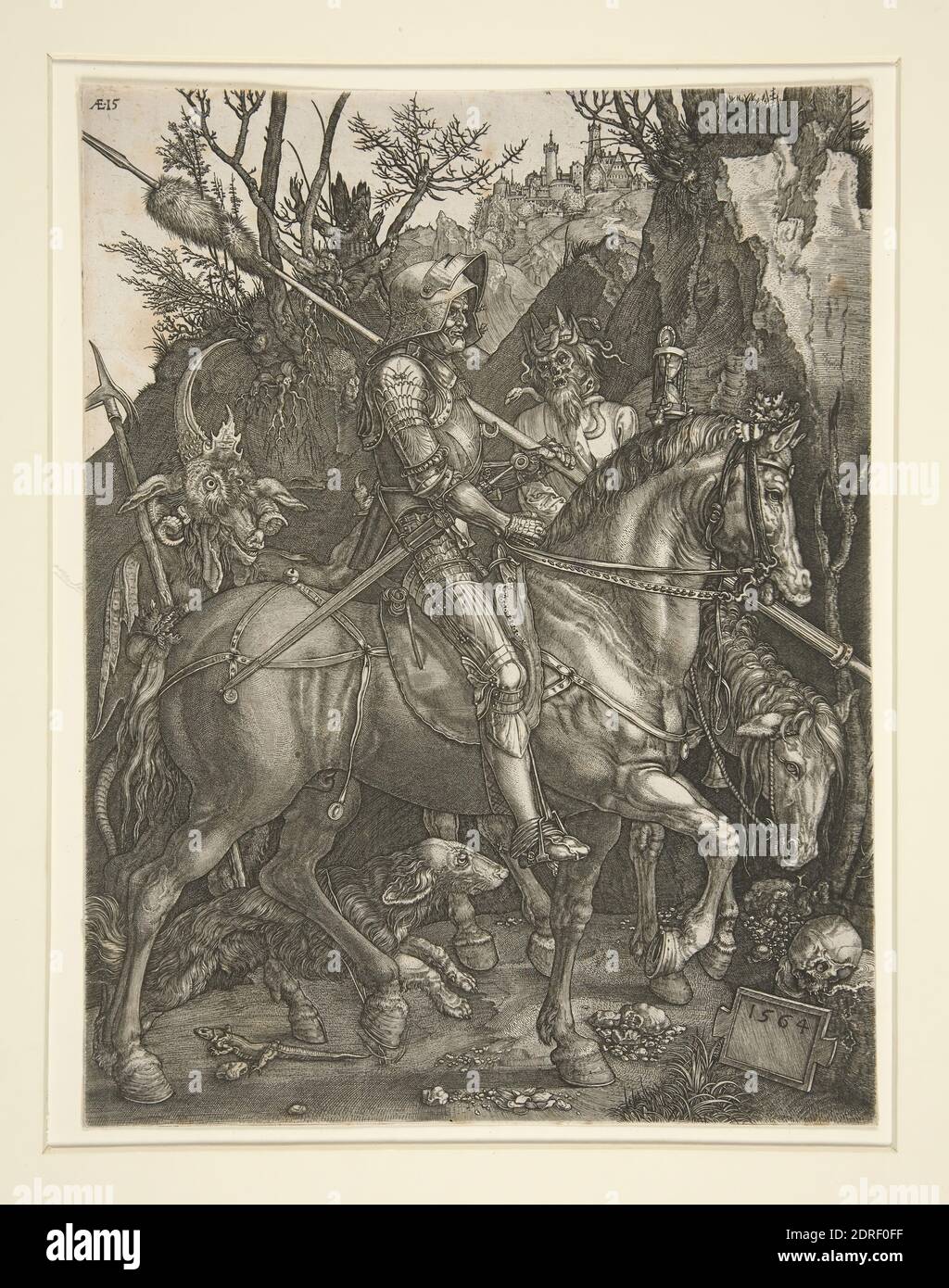 Artist: Johannes Wierix, Flemish, 1549–ca. 1618, After: Albrecht Dürer, German, 1471–1528, Knight, Death and the Devil, Engraving, platemark: 24.7 × 18.2 cm (9 3/4 × 7 3/16in.), Made in Flanders, Flemish, 16th century, Works on Paper - Prints Stock Photo