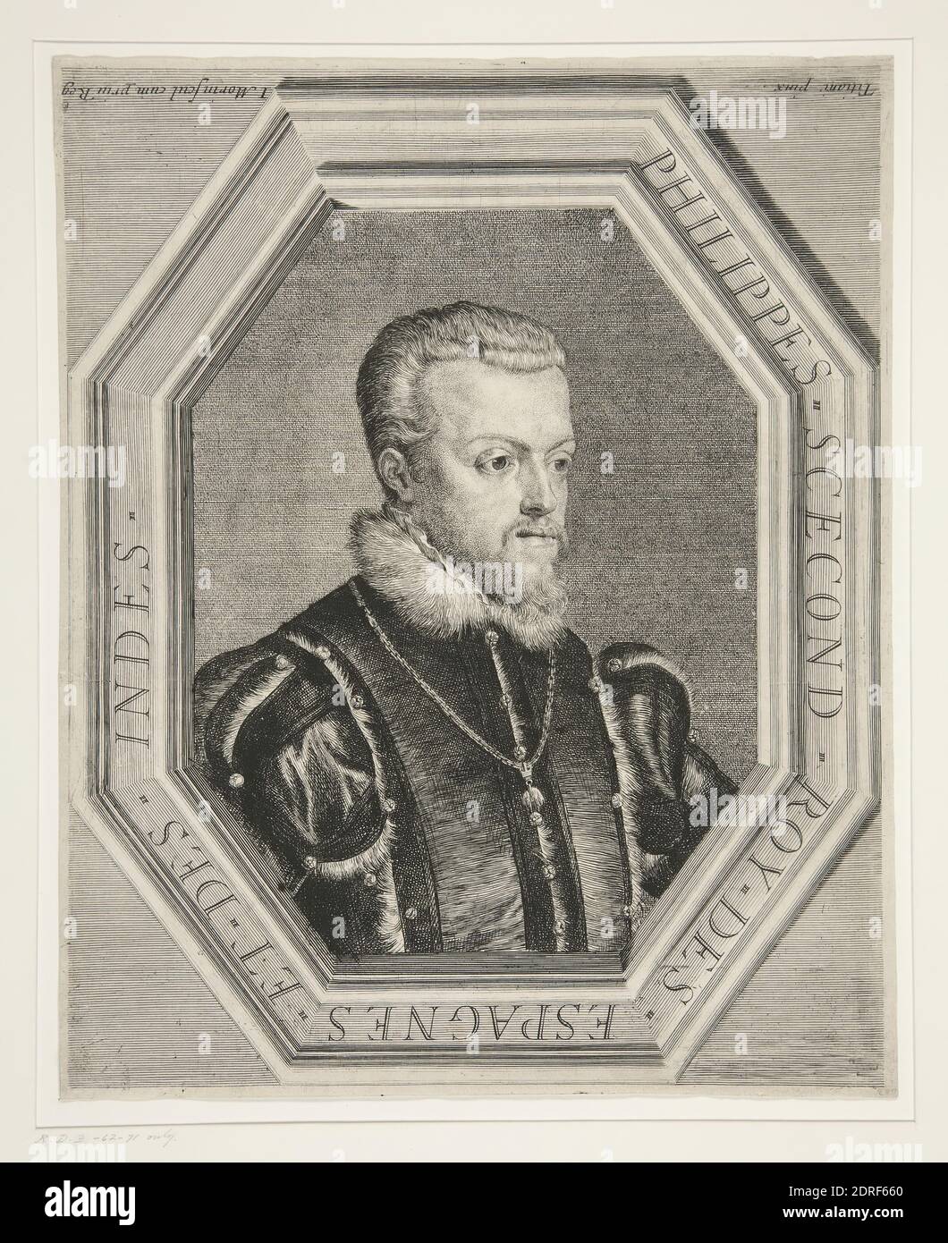 Artist: Jean Morin, French, ca. 1605–1650, After: Titian (Tiziano Vecellio), Italian, Venice, ca. 1488–1576, Philip II of Spain, Engraving, sheet: 11 15/16 × 9 5/8 in. (30.3 × 24.5 cm), French, 17th century, Works on Paper - Prints Stock Photo