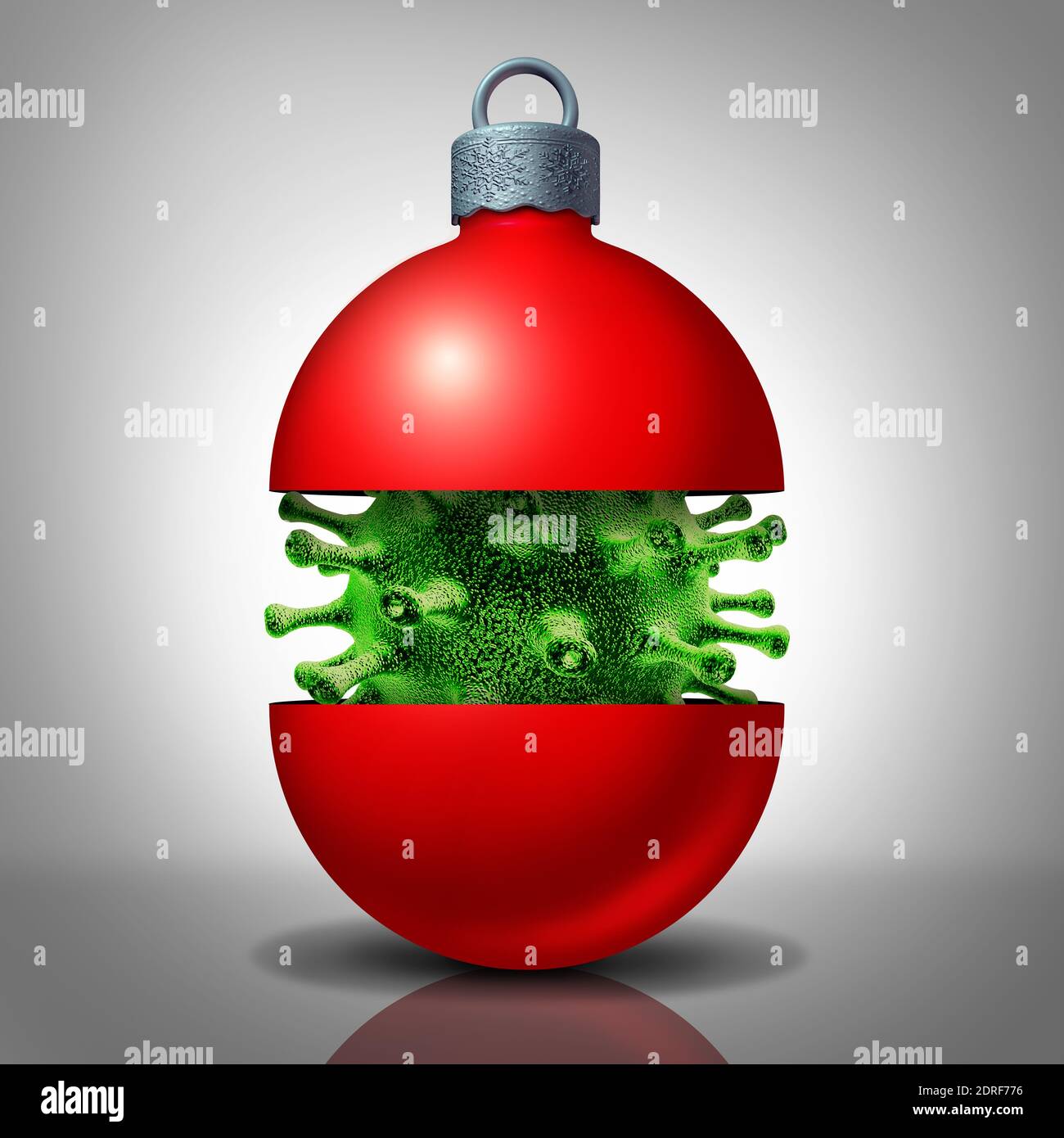 Christmas season virus and holiday flu or seasonal winter infection disease concept as a tree ornament shaped as a contagious cell during a pandemic. Stock Photo