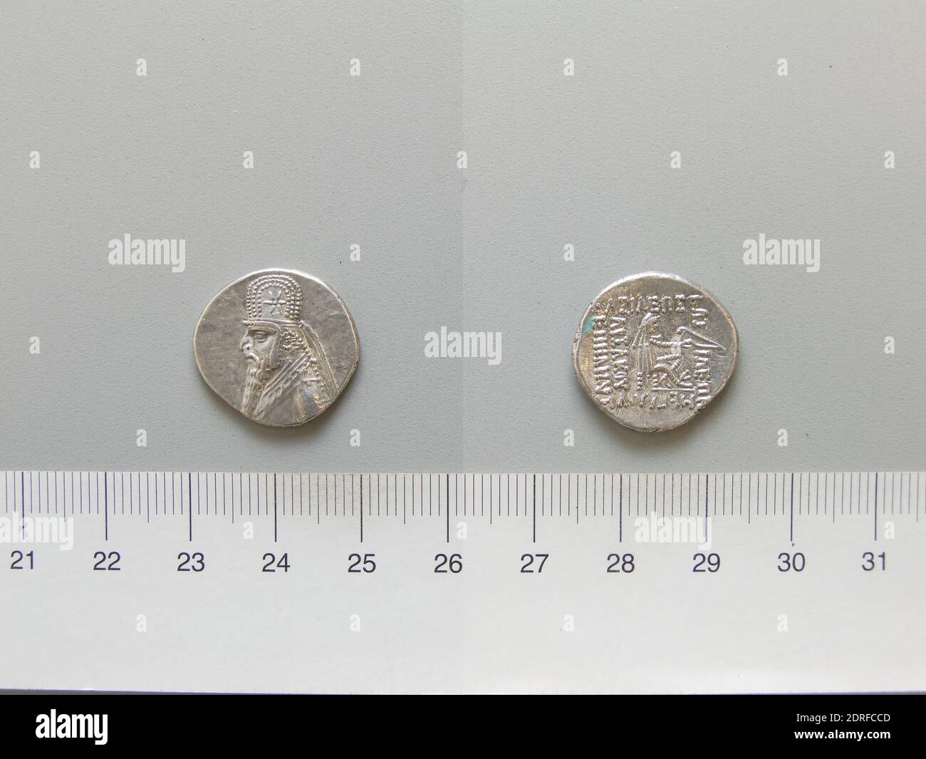 Ruler: Mithradates II, 123-88 B.C.Mint: Parthia, 1 Drachm of Mithradates II from Parthia, 123–87 B.C., Silver, 3.98 g, 12:00, 19.5 mm, Made in Parthia, Greek, 2nd–1st century B.C., Numismatics Stock Photo