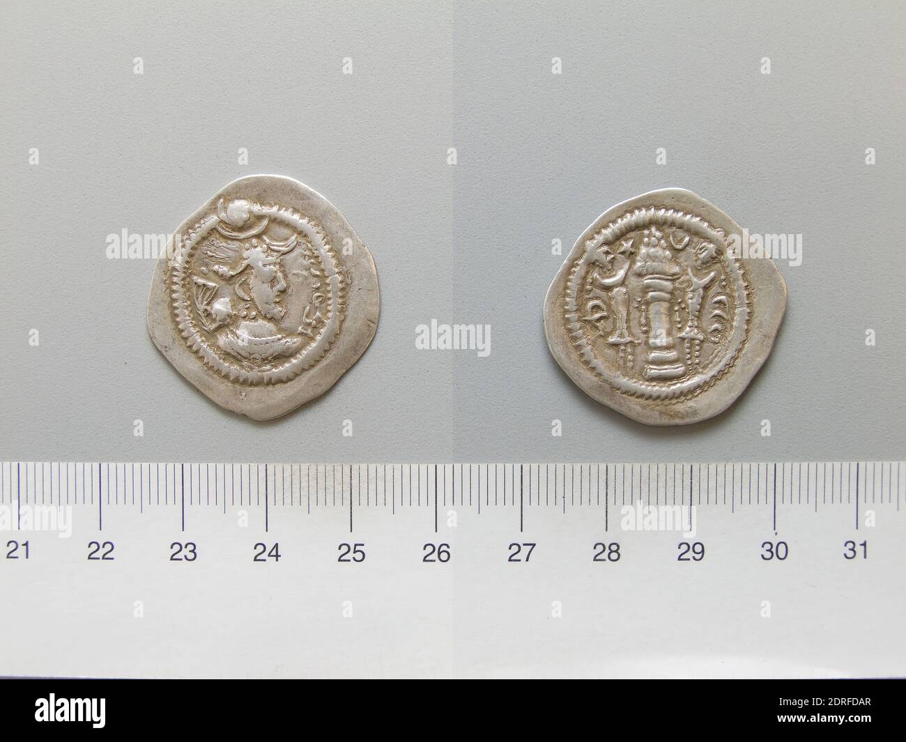 Ruler: Peroz I, 457/459-484 A.D.Mint: Persis, 1 Drachm of Peroz I from Persis, A.D. 457/59–484, Silver, 4.09 g, 3:00, 28 mm, Made in Persis, Greek, 5th century A.D., Numismatics Stock Photo