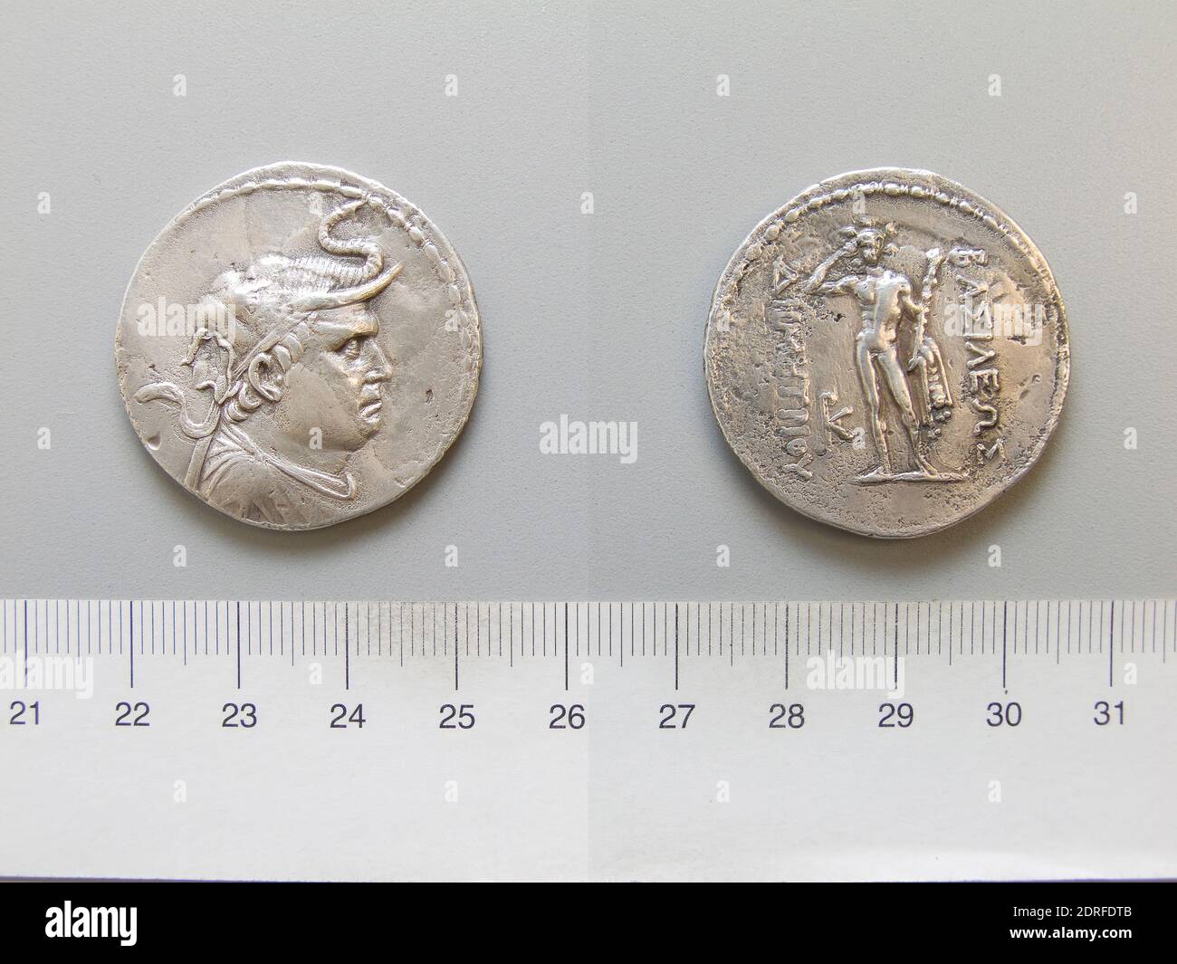 Ruler: Demetrius I, 205-171 B.C.Mint: Bactria, Tetradrachm of Demetrius I from Bactria, 205–171 B.C., Silver, 15.85 g, 12:00, 33.5 mm, Made in Bactria, Greek, 3rd–2nd century B.C., Numismatics Stock Photo