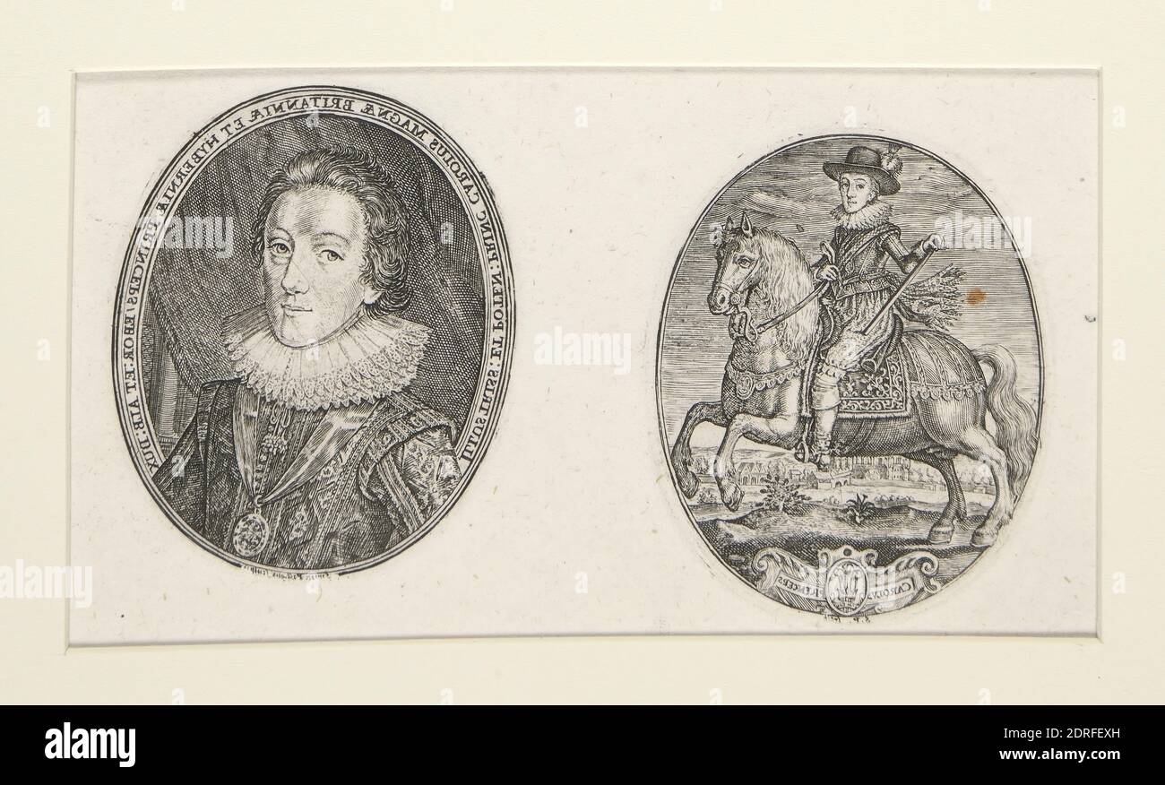 Engraver: Simon [van] de Passe, Dutch, 1595–1647, Charles, Prince of Wales; Oval medal, The Prince in Doublet; on Horseback, Engraving, Sheet: 6 × 4.9 cm (2 3/8 × 1 15/16in.), Made in The Netherlands, Dutch, 17th century, Works on Paper - Prints Stock Photo