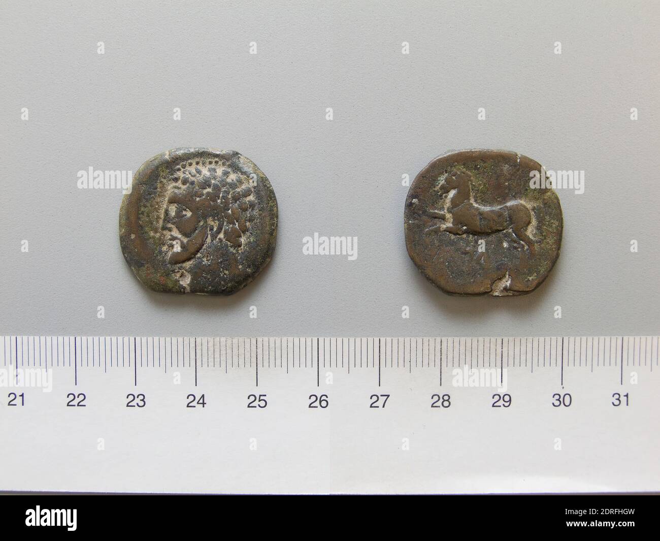 Ruler: Micipsa, King of Numidia, ruled 148–118 B.C.Mint: Numidia, Coin of Micipsa from Numidia, 148–118 B.C., Copper, 12.06 g, 12:00, 26.5 mm, Made in Numidia, Greek, 2nd century B.C., Numismatics Stock Photo