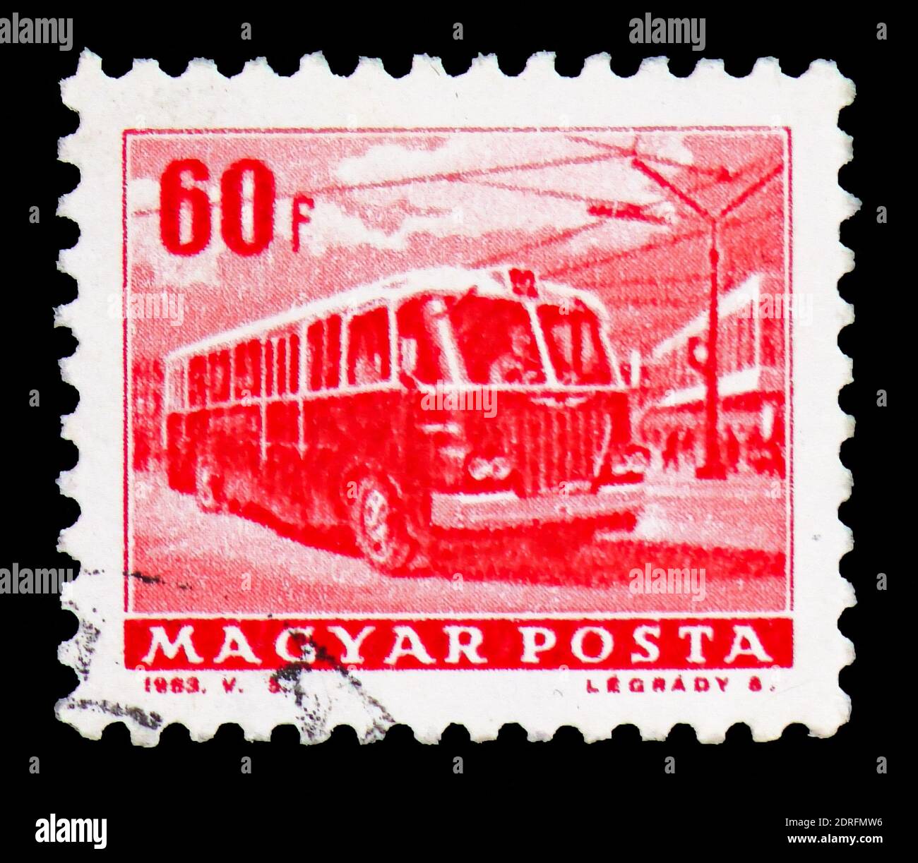 MOSCOW, RUSSIA - FEBRUARY 9, 2019: A stamp printed in Hungary shows Bus ...