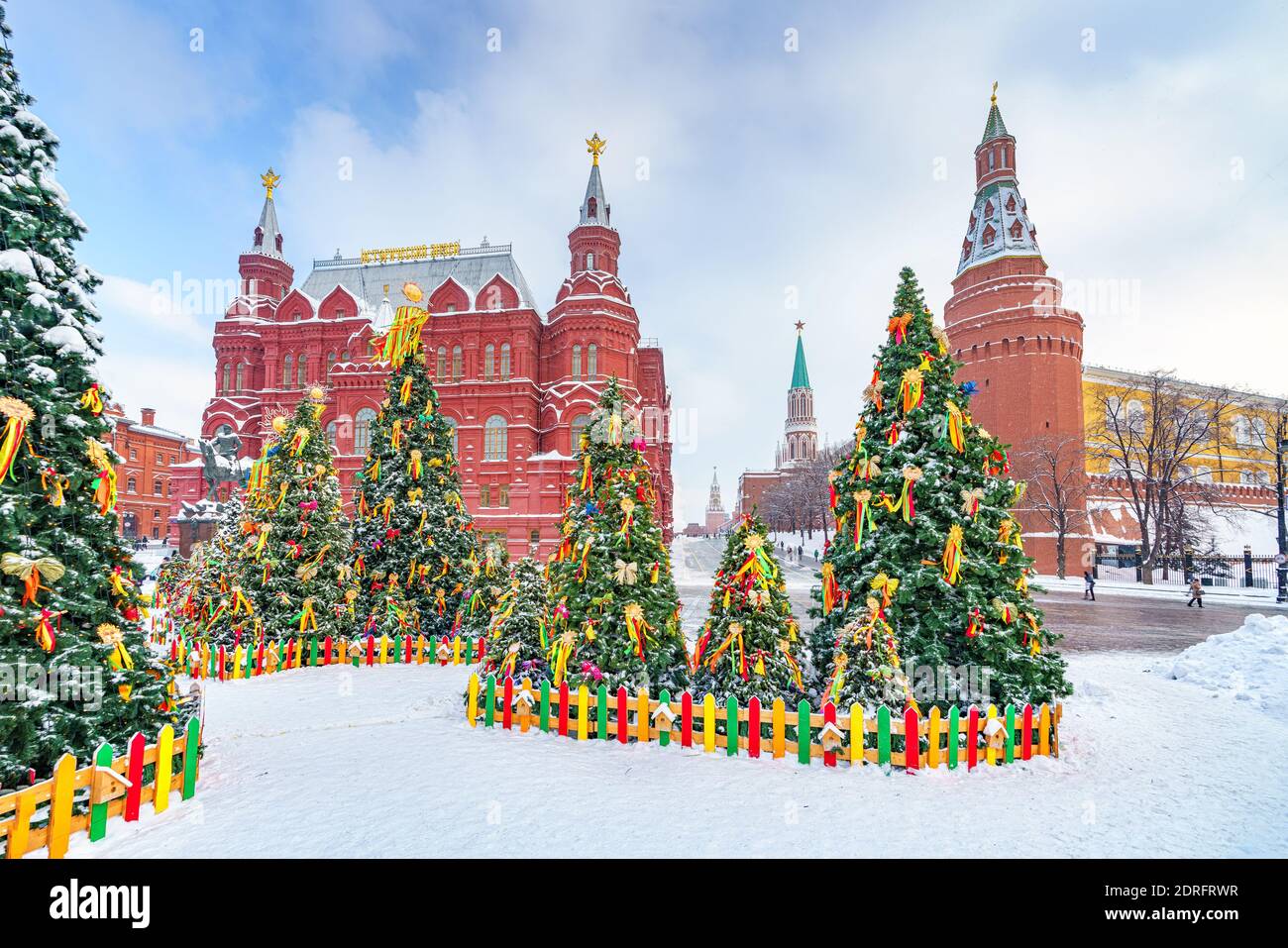 Christmas trees near kremlin in Moscow at winter snowy day, Russia Stock Photo