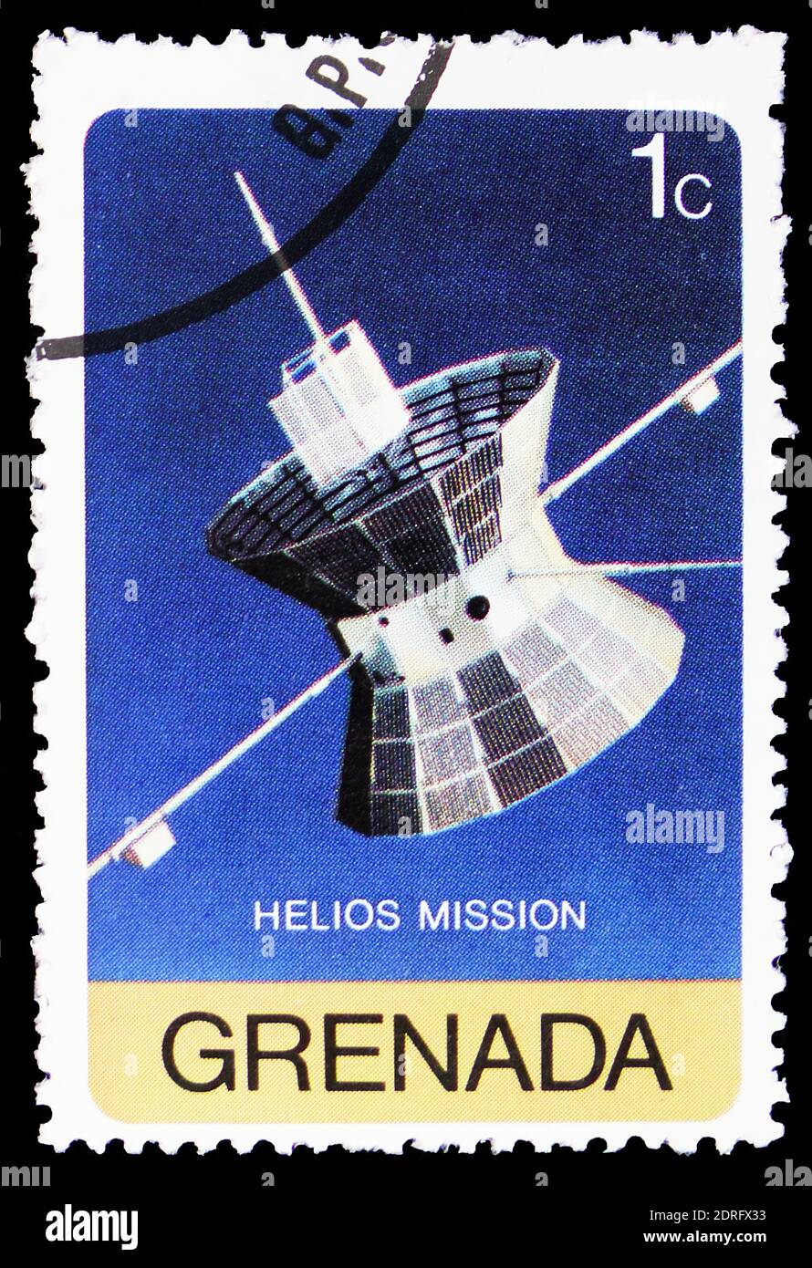 MOSCOW, RUSSIA - FEBRUARY 9, 2019: A stamp printed in Grenada shows Helios satellite, Viking and Helios space missions serie, circa 1976 Stock Photo