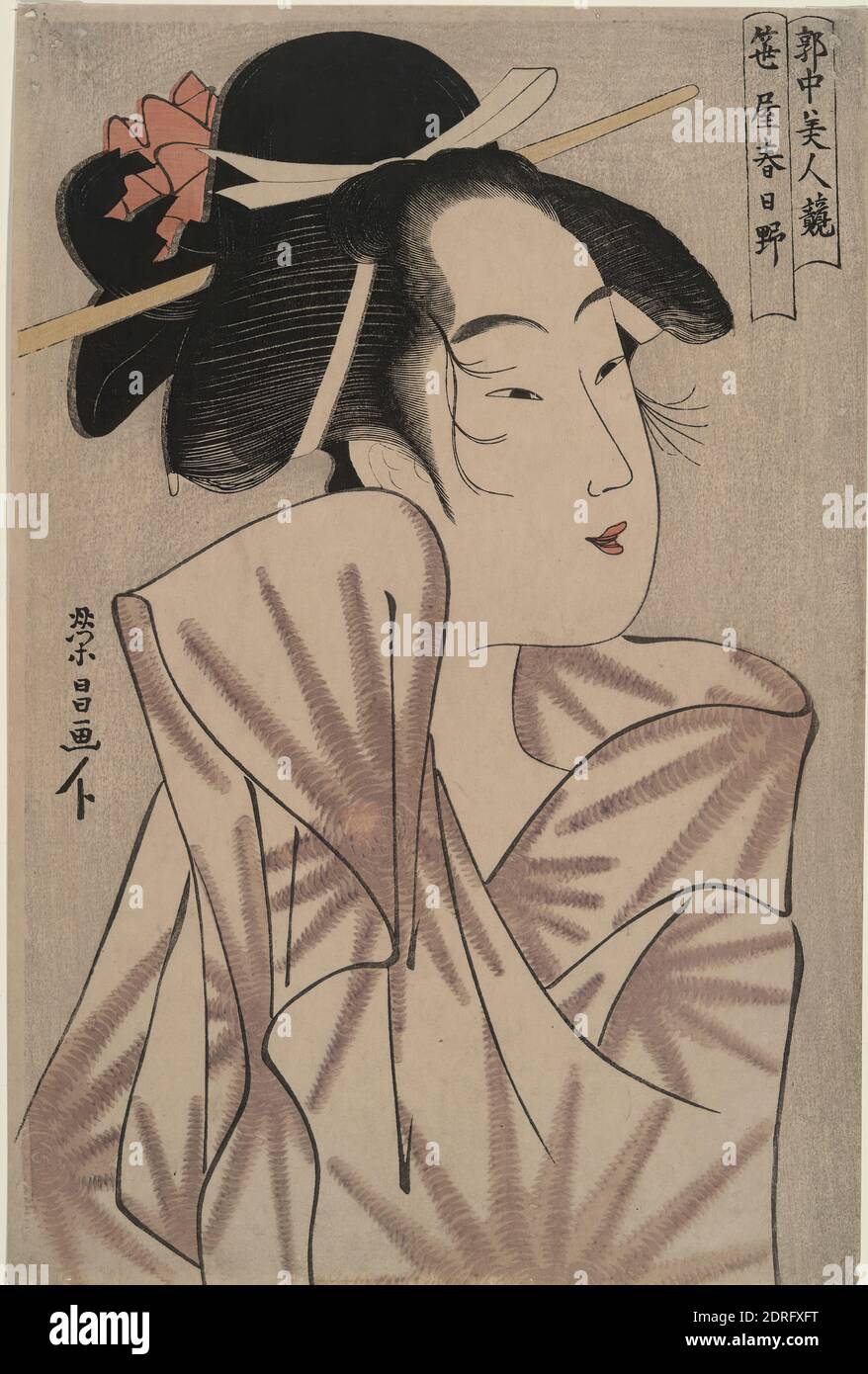 Artist: Chokosai Eisho, Japanese, active 1793–99, Kasugano of Sasa-ya (House of Bamboo grass) :  Beauties of the gay quarters, ca. 1798, Polychrome woodblock print, sheet: 15 1/4 × 10 1/8 in. (38.7 × 25.7 cm), Japan, Japanese, Edo period (1615–1868), Works on Paper - Prints Stock Photo