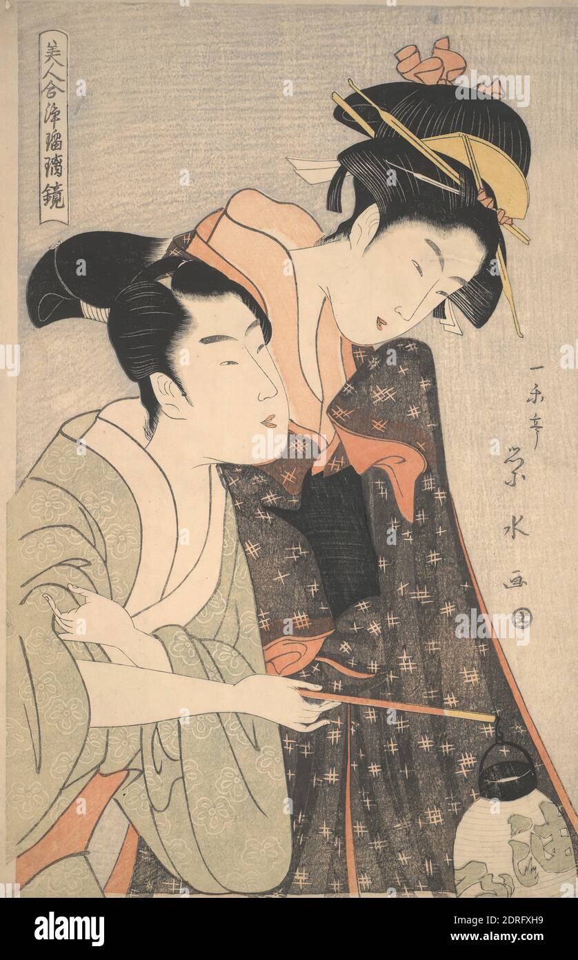 Artist: Ichirakutei Eisui, Japanese, active ca. 1790–1823, The Elopement of O-Some and Hisamatsu: Heroes and heroines of Joruri Puppet Numbers, ca. 1797, Polychrome woodblock print, sheet: 14 3/4 × 9 9/16 in. (37.5 × 24.3 cm), Japan, Japanese, Edo period (1615–1868), Works on Paper - Prints Stock Photo