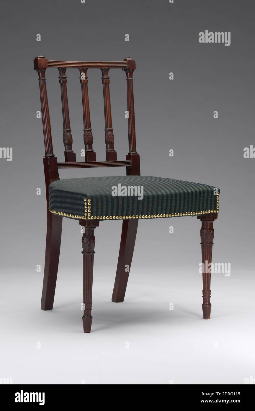 Side Chair, Mahogany and ash, 34 × 19 × 18 1/8 in. (86.4 × 48.3 × 46 cm), Compared to the ornate furniture of the generation before, the new fashions in the Federal period resulted in decoration that was more restrained.  On this chair, reeding provides decoration for the back banisters, stiles, and legs as well as for the crest rail and the lower back rail.  The tapered leg and front feet provide an elegant finish. , Made in Philadelphia, Pennsylvania, American, 19th century, Furniture Stock Photo