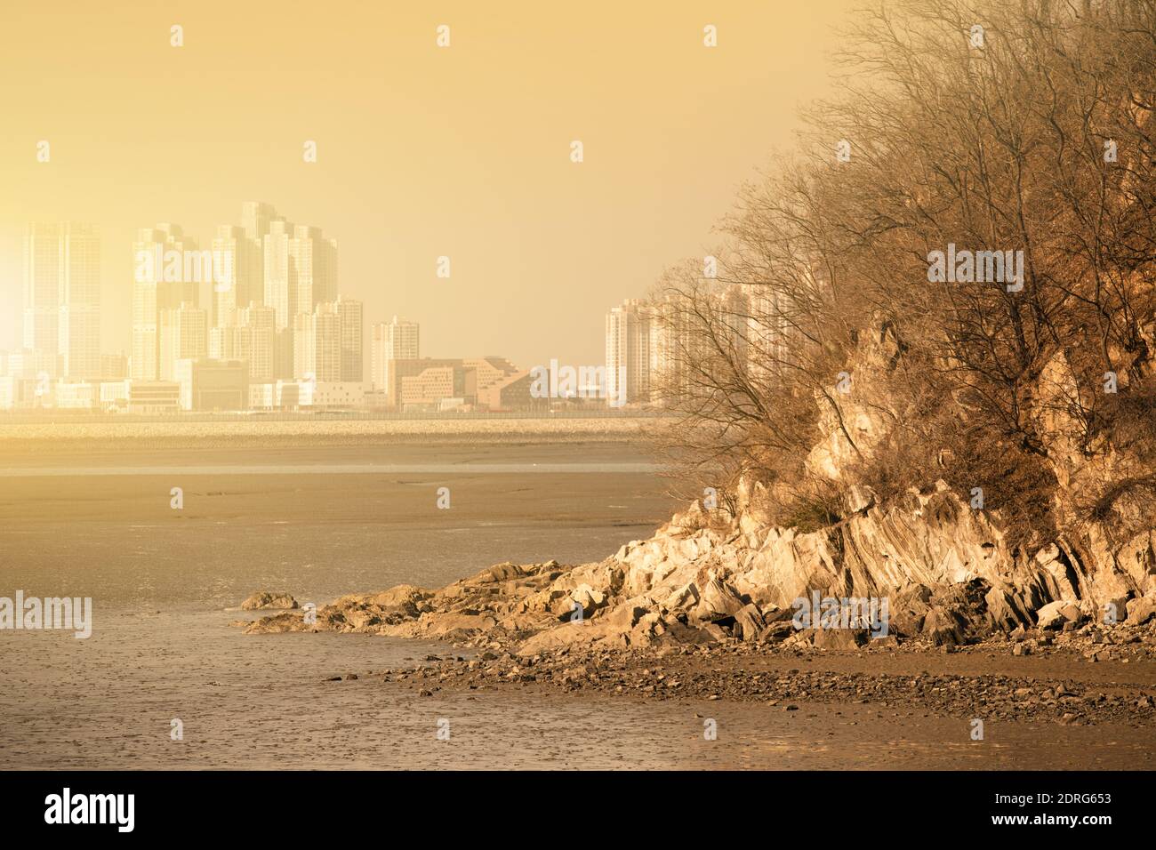 Post-apocalyptic landscape. City after the effects of global warming. Climate changes concept. Stock Photo