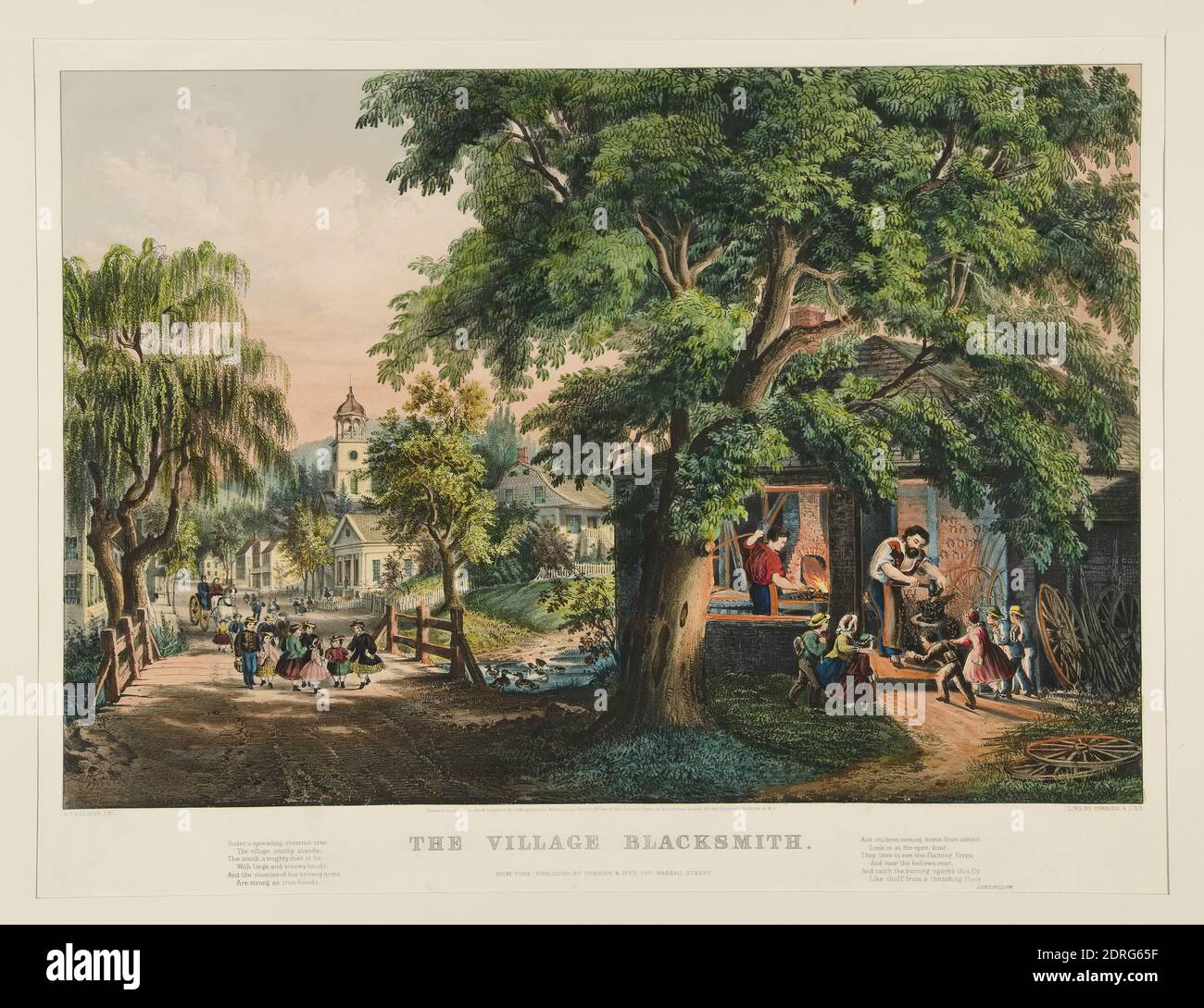 Publisher: Currier &amp; Ives, American, active 1834–1907, After: Frances Flora Bond Palmer, American, 1812–1876, The Village Blacksmith, lithograph, Image: 40.5 × 59.2 cm (15 15/16 × 23 5/16 in.); Sheet: 62 × 80.5 cm (24 7/16 × 31 11/16 in.), Made in United States, American, 19th century, Works on Paper - Prints Stock Photo
