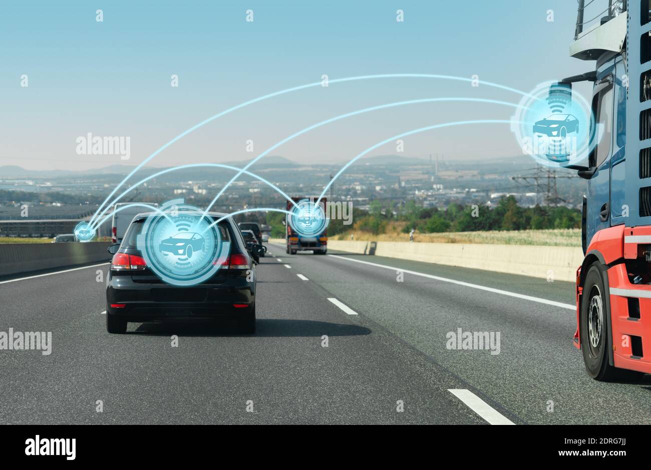 Vehicle to vehicle communication. Data exchange between cars. Stock Photo