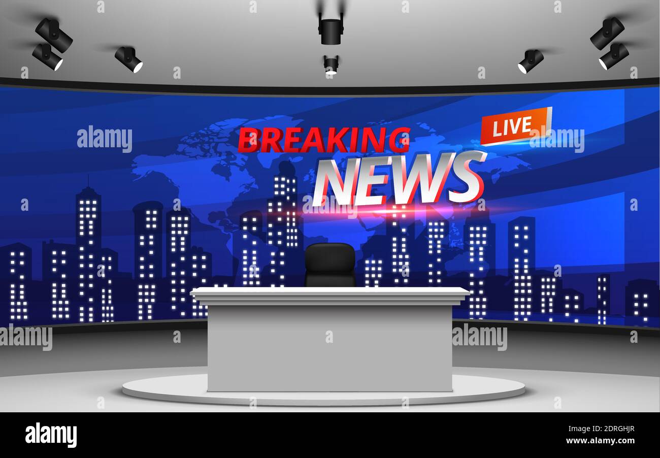 White Table And Chair With Breaking News Live On Lcds Background In The News Studio Room Stock Vector Image Art Alamy