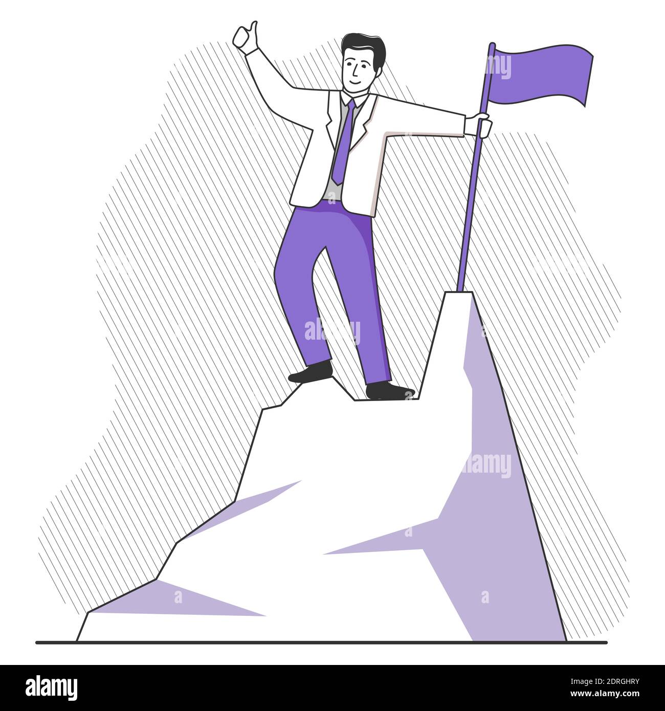 Achieving success. Happy businessman with a flag on the top of the ...
