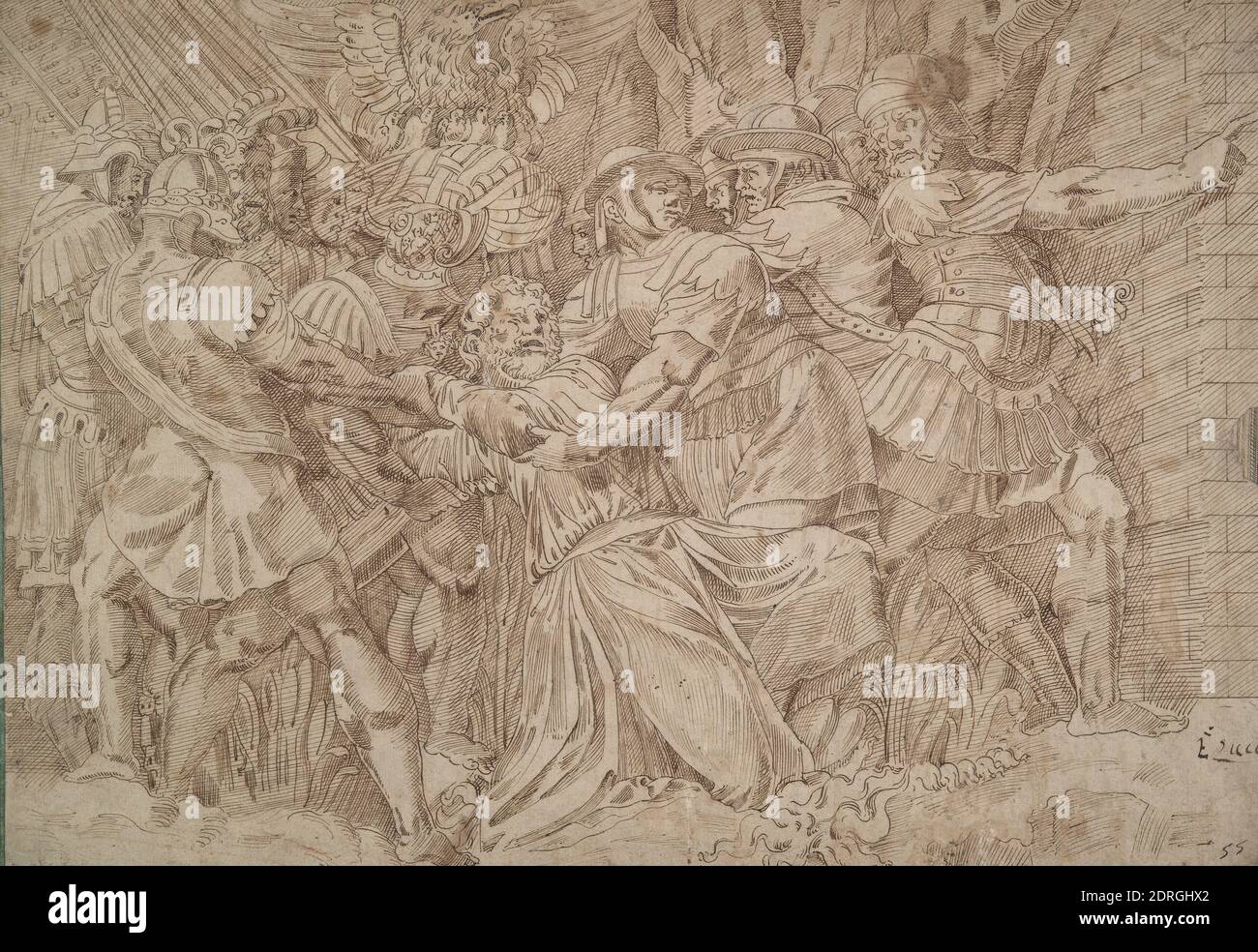 Artist, copy after (?): Polidoro da Caravaggio, Italian, ca. 1499–ca. 1543, Roman Soldiers Arresting an Old Man, 16th century, Pen and brown ink on tan paper, Sheet: 27.1 × 39 cm (10 11/16 × 15 3/8 in.), Made in Italy, Italian, 16th century, Works on Paper - Drawings and Watercolors Stock Photo