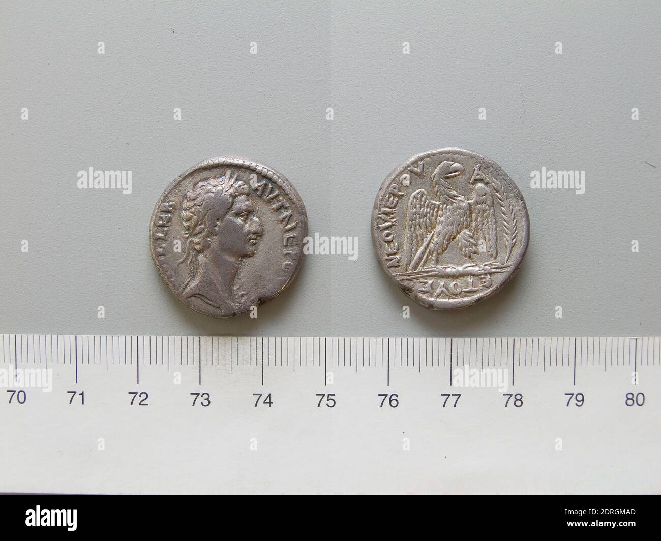 Ruler: Nerva, Emperor of Rome, A.D. 30–98, ruled 96–98, Mint: Antioch, Tetradrachm of Nerva, Emperor of Rome from Antioch, A.D. 96–97, Silver, 14.62 g, 12:00, 25.5 mm, Made in Antioch, Greek, 1st century A.D., Numismatics Stock Photo