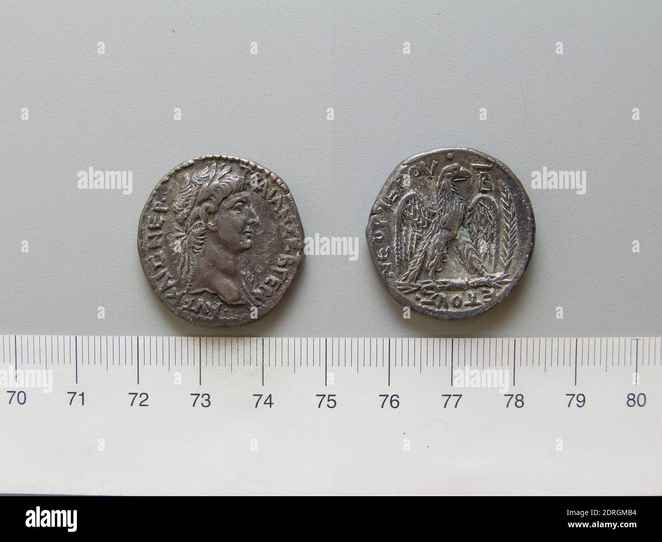 Ruler: Trajan, Emperor of Rome, A.D. 53–117, ruled 98–117, Mint: Antioch, Tetradrachm of Trajan, Emperor of Rome from Antioch, A.D. 98, Silver, 15.14 g, 12:00, 27.5 mm, Made in Antioch, Greek, 1st century A.D., Numismatics Stock Photo