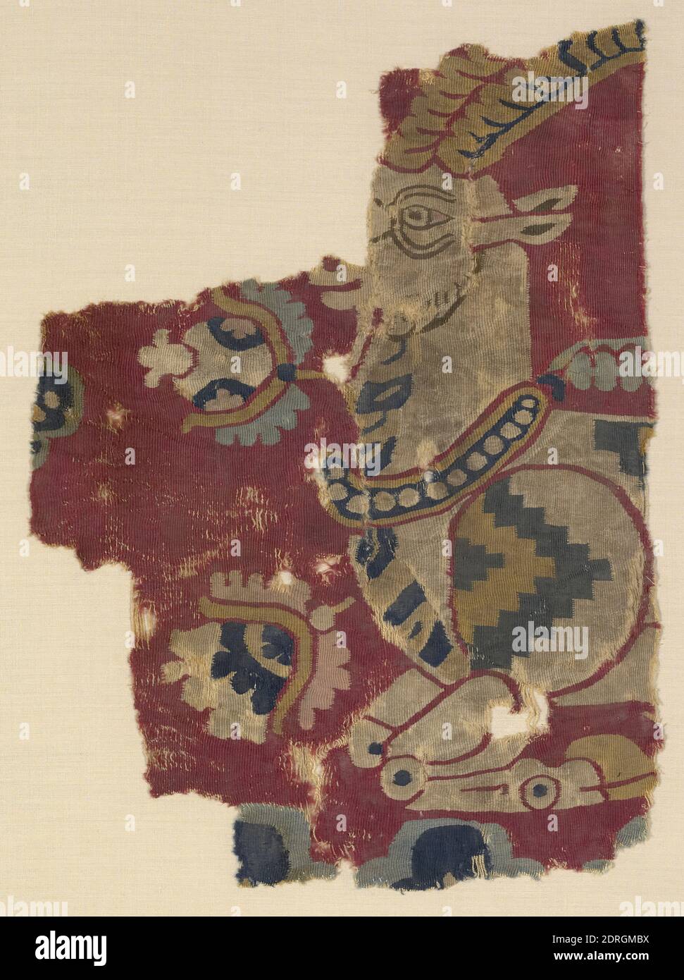 Textile Fragment with an Ibex, 6th–early 7th century c.e., Wool, dovetailed-tapestry weave, 10 13/16 × 14 15/16 in. (27.5 × 38 cm), The leaping ibex on this tapestry appears to be a royal icon, so designated by his collar, with its jewels and fluttering ribbons. The ibex has an affinity to the wild goats found on prehistoric painted pottery, but is depicted here in an Achaemenid manner: haughty, with characteristic double lines around the almost human eyes, the neck drawn stiffly back., Iranian/Persian, Sassanian Empire (224–651 C.E.), Textiles Stock Photo