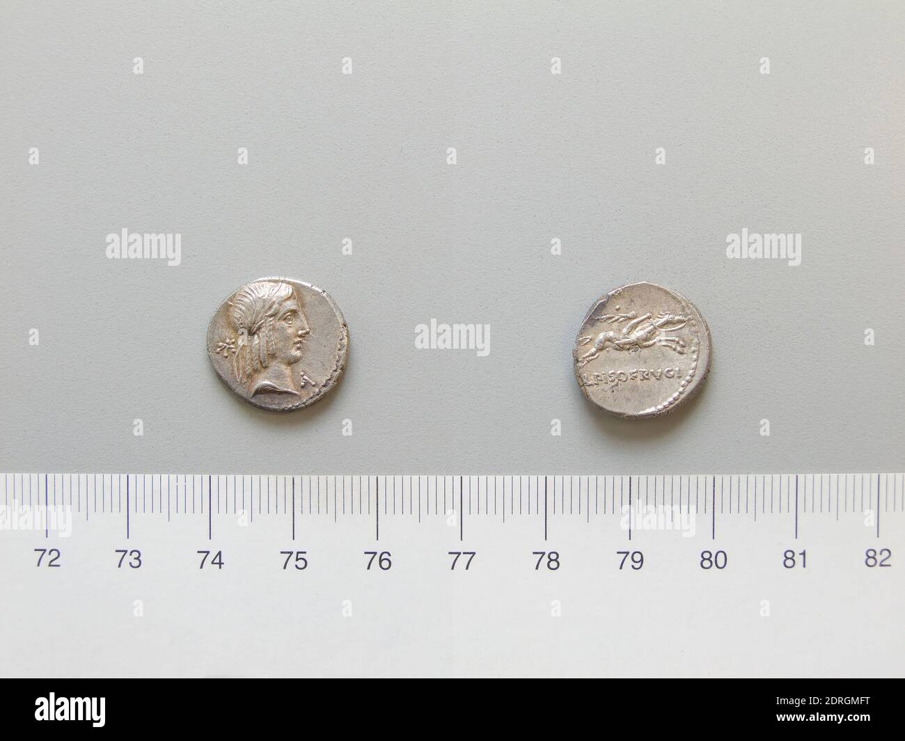 Mint: Rome, Magistrate: L. Calpurnius Piso Frugi, Denarius from Rome, 90 B.C., Silver, 3.93 g, 6:00, 17 mm, Made in Rome, Italy, Roman, 1st century B.C., Numismatics Stock Photo