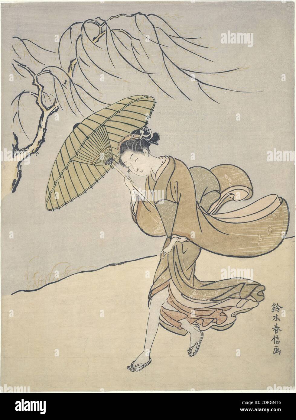 Artist: Suzuki Harunobu, Japanese, 1725–1770, A Windy Day in Summer, Polychrome woodblock print, sheet: 11 1/8 × 8 1/4 in. (28.3 × 21 cm), Japan, Japanese, Edo period (1615–1868), Works on Paper - Prints Stock Photo