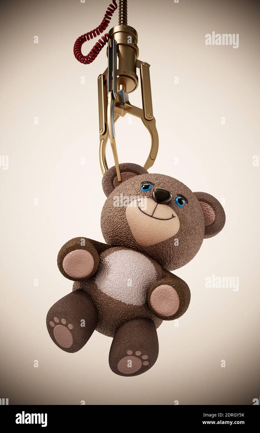 Toy claw machine holding a teddy bear. 3D illustration. Stock Photo