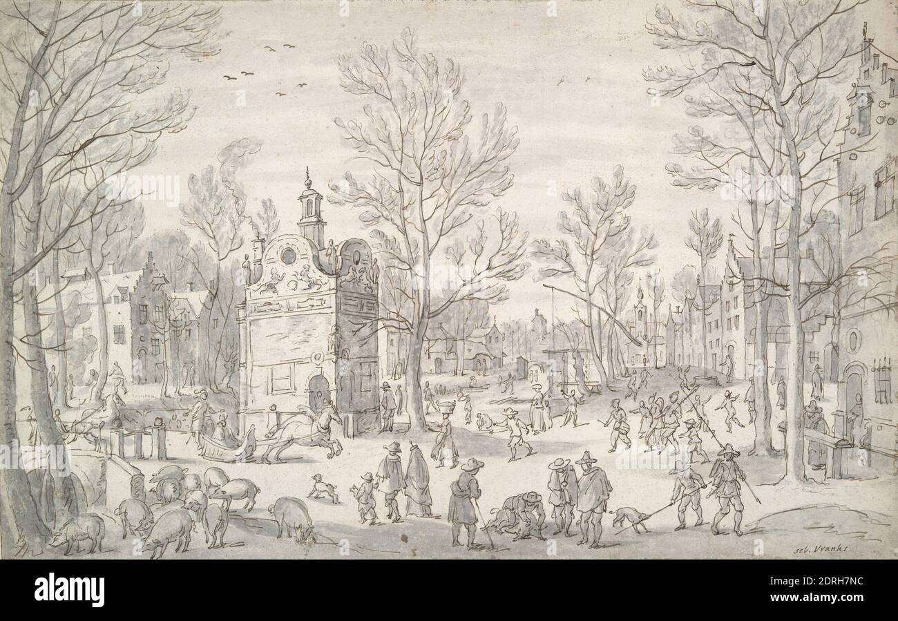 After: Sebastian Vrancx, Flemish, 1573–1647, Winter Scene in the City, Pen and brown ink and gray wash over preliminary drawing in pencil, Sheet: 27.3 × 43.7 cm (10 3/4 × 17 3/16 in.), Made in Flanders, Flemish, 17th century, Works on Paper - Drawings and Watercolors Stock Photo