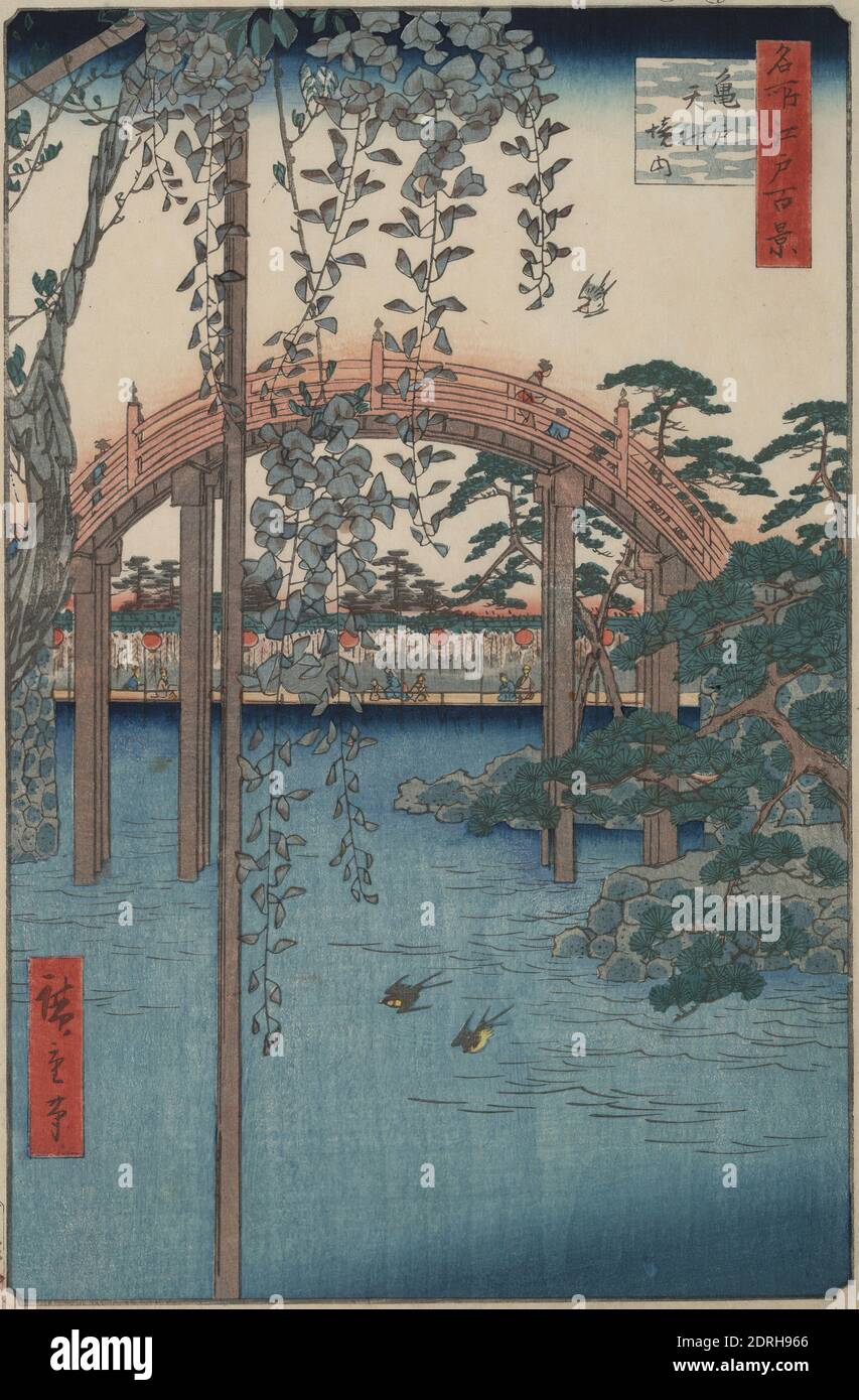 Artist: Utagawa Hiroshige, Japanese, 1797–1858, Wisteria at Kameido Tenjin Shrine from the series One Hundred Famous Views of Edo, Ukiyo-e: polychrome woodblock print, sheet: 13 7/16 × 8 3/4 in. (34.1 × 22.3 cm), In the 1660s, Kameido Tenjin was placed at the eastern bank of the Sumida River in order to protect a new urban expansion project from evil spirits. Here the shrine is merely suggested by one of the two bridges within the precincts that mark the path to the shrine. This particular bridge was one of two in Edo noted for their drum shape. Wisteria blossoms Stock Photo