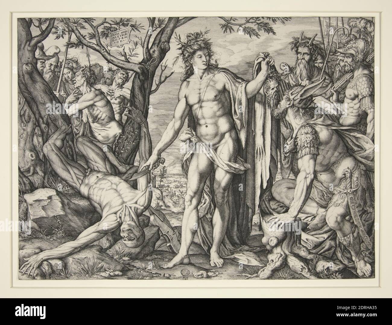 Artist: Melchior Meier, German, ac. Tuscany, ac. ca. 1572-1582, The Flaying of Marsyas, Engraving, sheet: 22.9 × 31.1 cm (9 × 12 1/4 in.), Made in Germany, German, 16th century, Works on Paper - Prints Stock Photo