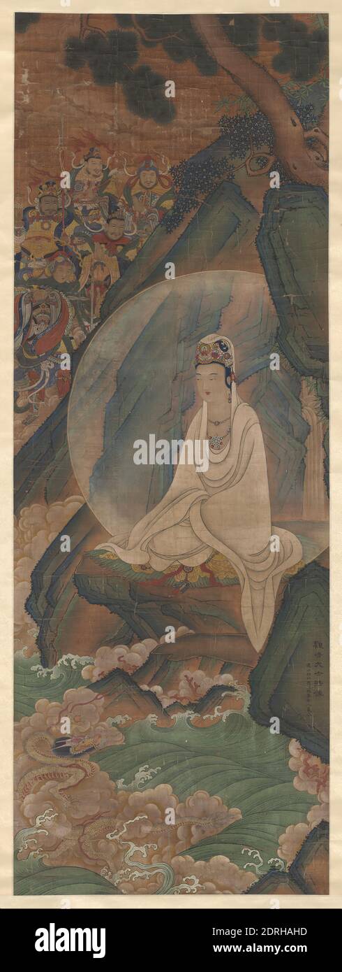 Artist: Yena Yuanxian, Chinese, active 16th century, Bodhisattva Avalokiteshvara in the White-Robed Manifestation (Baiyi Guanyin), 16th century, Hanging scroll, ink and color on silk, without mounting: 83 7/16 × 29 15/16 in. (212 × 76 cm), Known in Chinese as Guanyin, the Bodhisattva Avalokiteshvara—the embodiment of compassion, the highest virtue in Buddhism—can take many manifestations, including a Chinese form that features the bodhisattva wearing a white robe that covers his head. Stock Photo