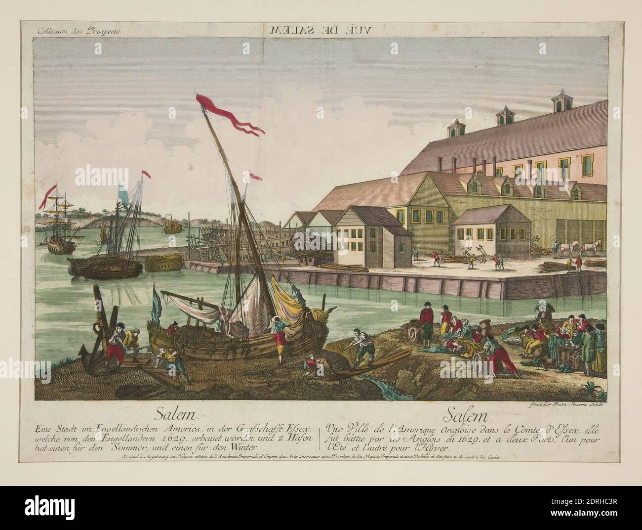 Artist: Balthazar Frederic Leizelt, Collection des Prospects - Vue de Salem; Salem, Une Ville de l’Amerique Angloise dans le Comte d’Essex, elle; (Salem. Mass.), Engraving, hand colored, Sheet: 31.5 × 42.5 cm (12 3/8 × 16 3/4 in.), Made in France, German, French, 19th century, Works on Paper - Prints Stock Photo