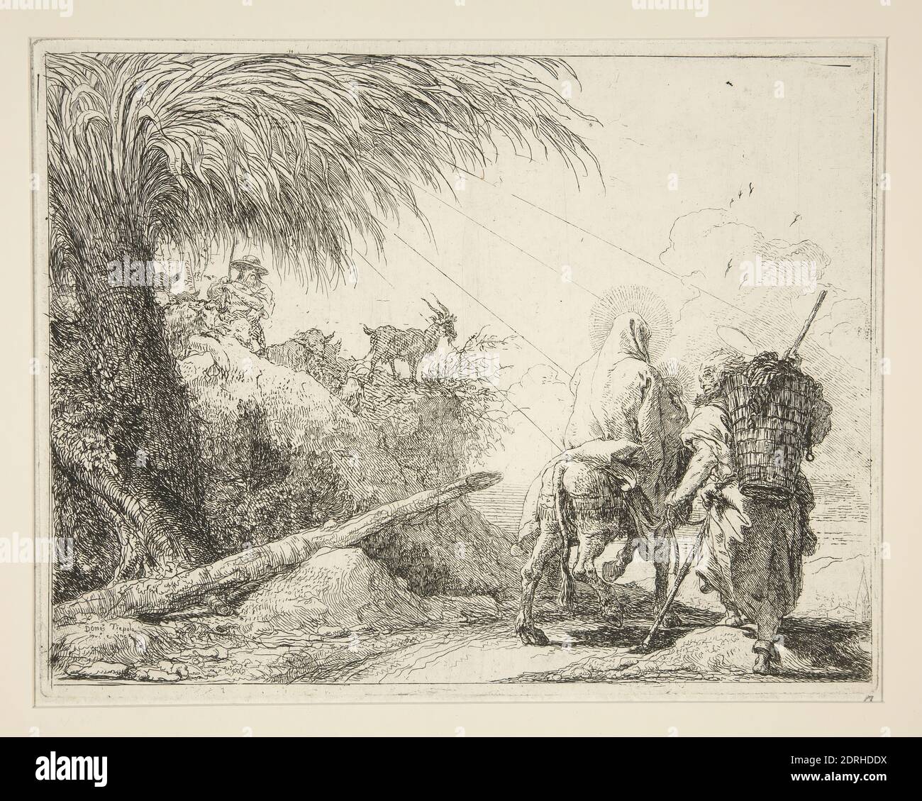 Artist: Giovanni Domenico Tiepolo, Italian, 1727–1804, The Virgin, Mounted on the Donkey and seen from the Back, from the series Idee pittoresche sopra la fuga in Egitto (Flight into Egypt), Etching, platemark: 19.1 × 24.5 cm (7 1/2 × 9 5/8 in.), Italian, 18th century, Works on Paper - Prints Stock Photo