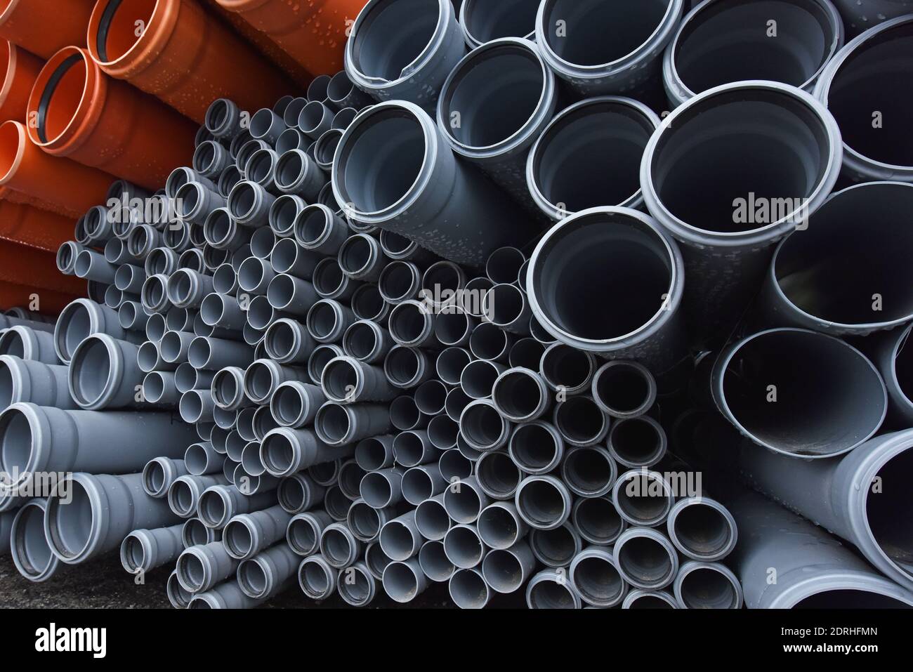 New gray plastic pipes for the sewage system. Stock Photo