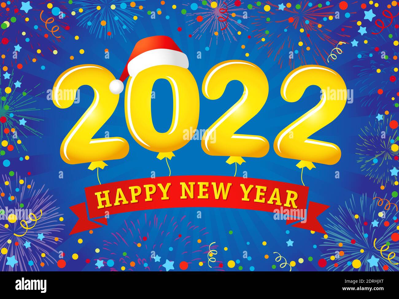 2022 A Happy New Year sign, congrats concept. Creative 3D logotype. Confetti and fireworks. Abstract isolated graphic design template. Decorative ball Stock Vector