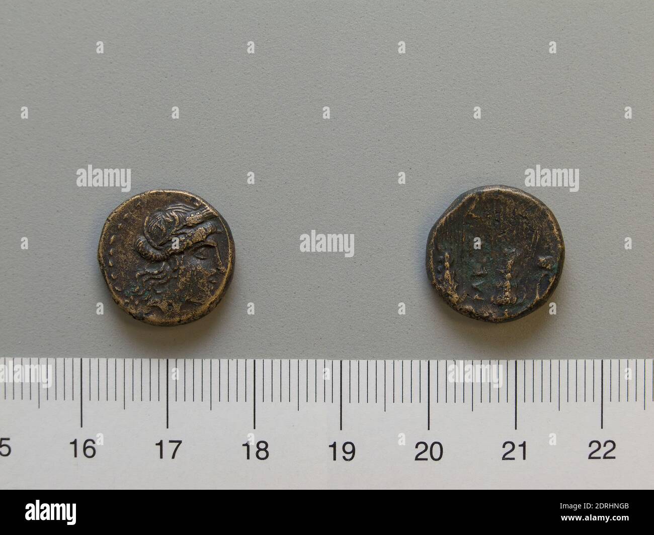 Mint: Metapontum, Fraction from Metapontum, 250–200 B.C., Bronze, 4.32 g, 6:00, 16 mm, Made in Metapontum, Lucania, Greek, 3rd century B.C., Numismatics Stock Photo