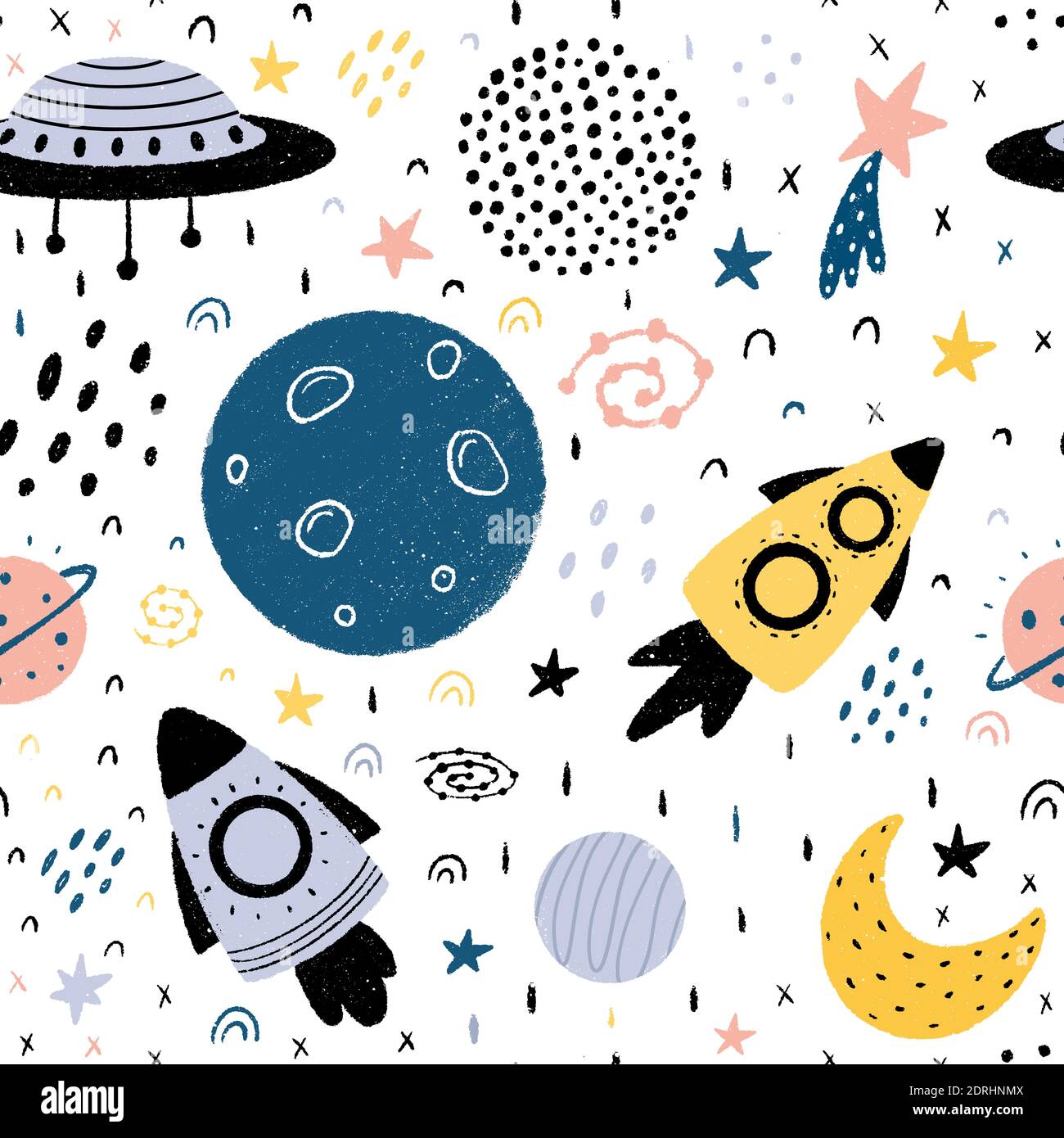 Space seamless pattern with spaceships, planets, moon, stars, stardust, galaxies and abstract elements. Hand drawn Scandinavian style vector illustrat Stock Vector
