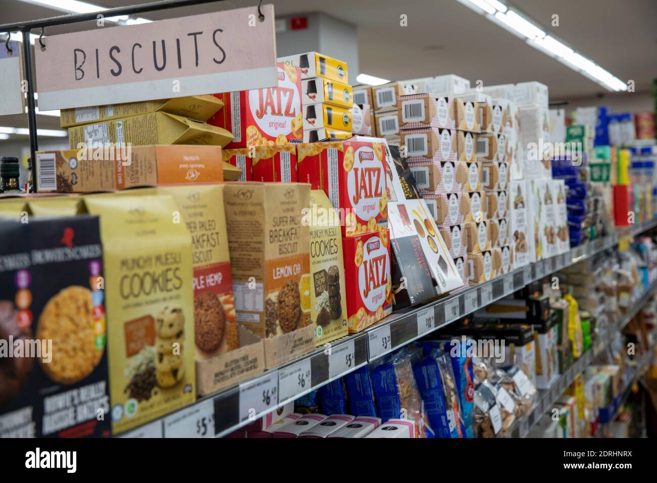 Biscuits and cookies for sale in a Sydney supermarket, biscuits aisle, Sydney, NSW, Australia Stock Photo