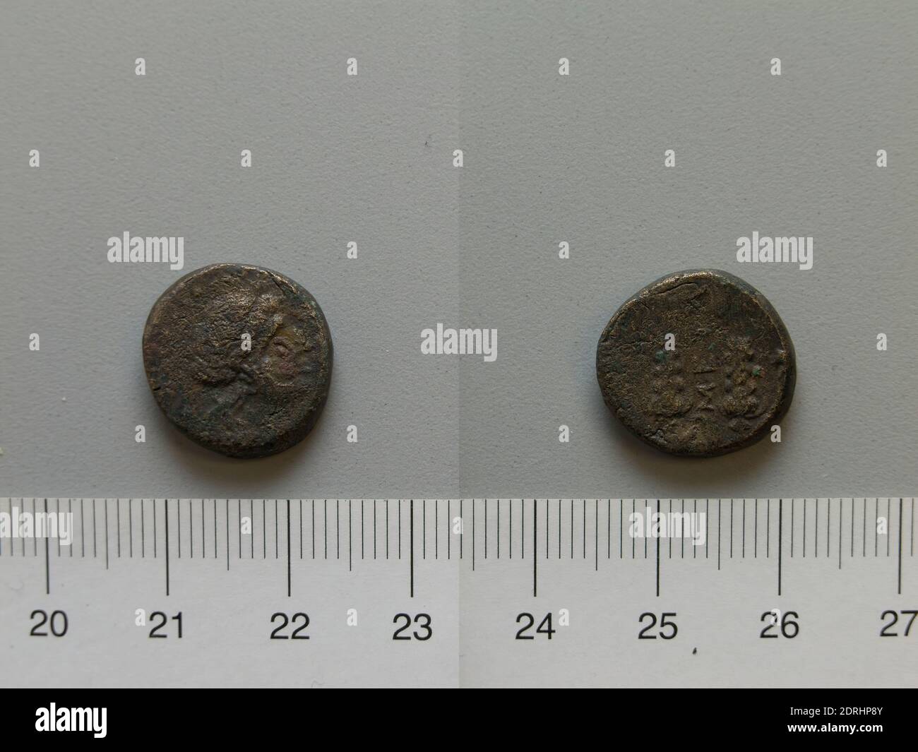 Mint: Metapontum, Fraction from Metapontum, 250–200 B.C., Bronze, 4.49 g, 9:00, 16 mm, Made in Metapontum, Lucania, Greek, 3rd century B.C., Numismatics Stock Photo