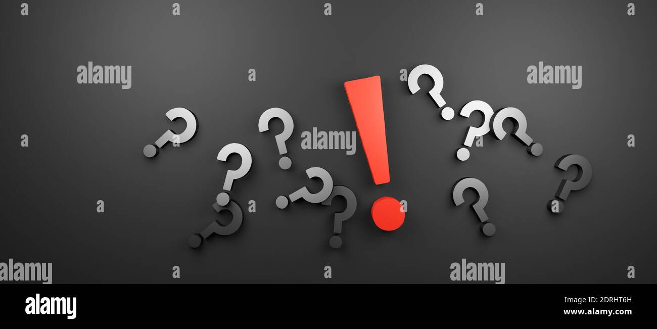 One red exclamation mark and many grey metallic question marks on dark or black background, 3d rendering, conceptual illustration, FAQ, Q&A, questions Stock Photo