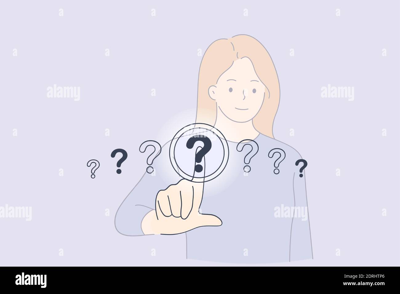 Question mark button concept. Young woman standing and choosing one of question marks touching with finger on screen vector illustration Stock Vector