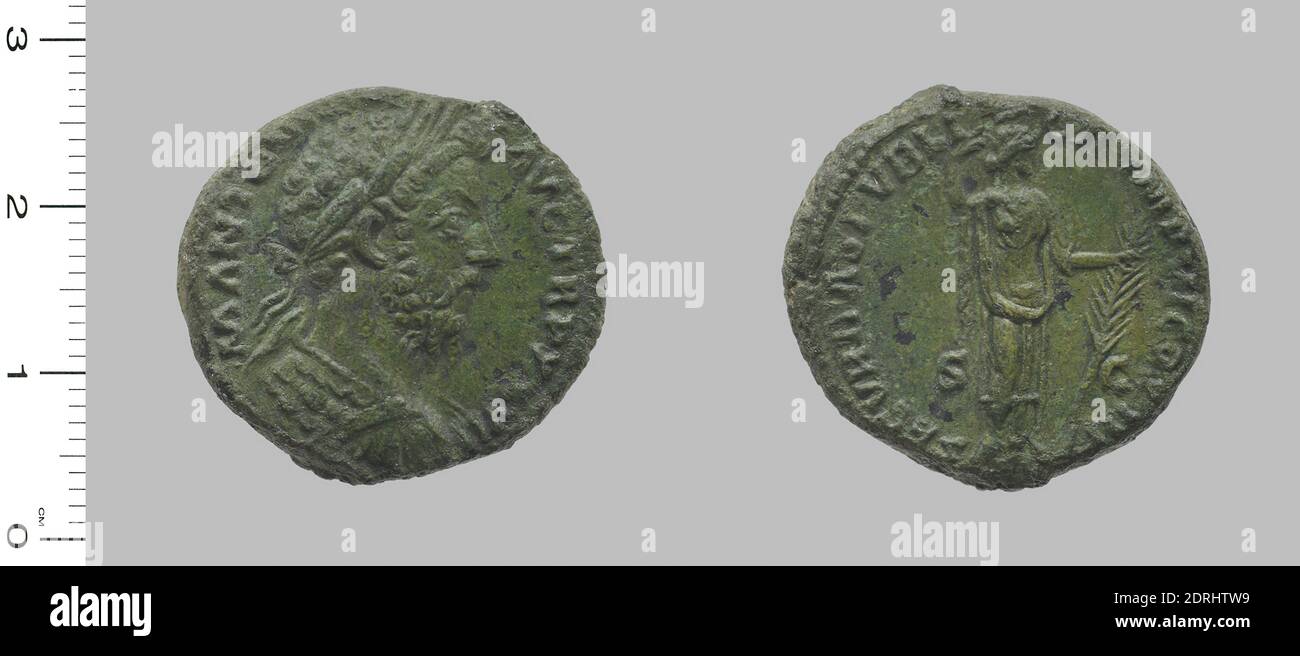Ruler: Marcus Aurelius, Emperor of Rome, A.D. 121–180, ruled  A.D. 161–80, Mint: Rome, 1 As of Marcus Aurelius, Emperor of Rome from Rome, 173, Copper, 11.53 g, 12:00, 25.80 mm, Made in Rome, Italy, Roman, 2nd century A.D., Numismatics Stock Photo