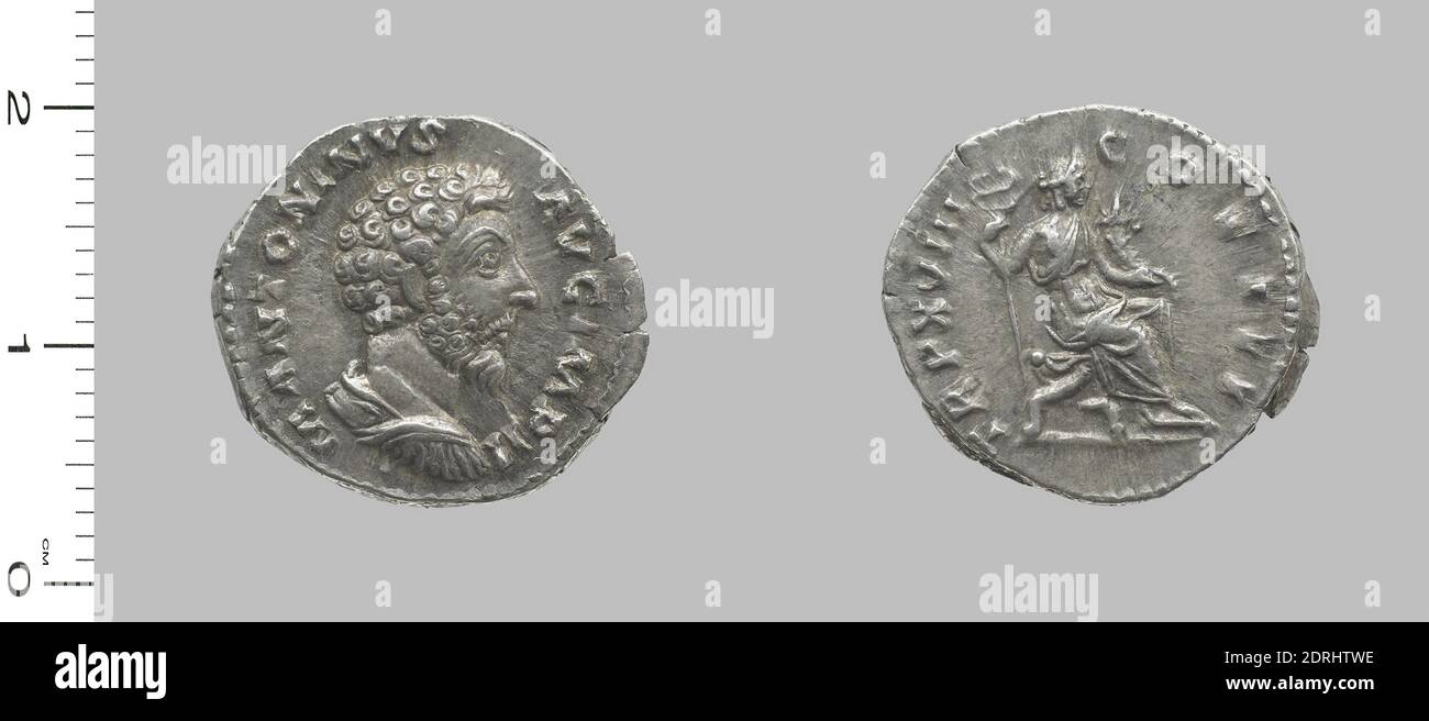 Ruler: Marcus Aurelius, Emperor of Rome, A.D. 121–180, ruled  A.D. 161–80, Mint: Rome, Denarius of Marcus Aurelius, Emperor of Rome from Rome, 164, Silver, 3.53 g, 5:00, 18.5 mm, Made in Rome, Italy, Roman, 2nd century A.D., Numismatics Stock Photo